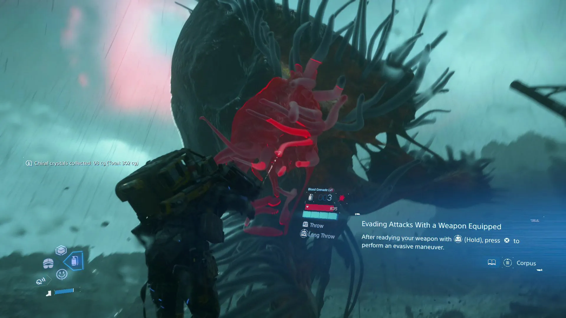 Sam Porter Bridges ném Lựu đạn Máu vào Giant BT trong Death Stranding 2.