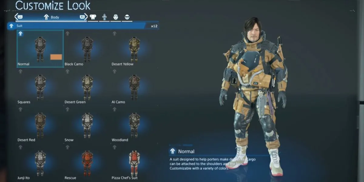 Sam Porter Bridges trong bộ Suit Thường cơ bản của Death Stranding 2: On the Beach, không có tính năng đặc biệt nhưng cho phép tùy chỉnh màu sắc.