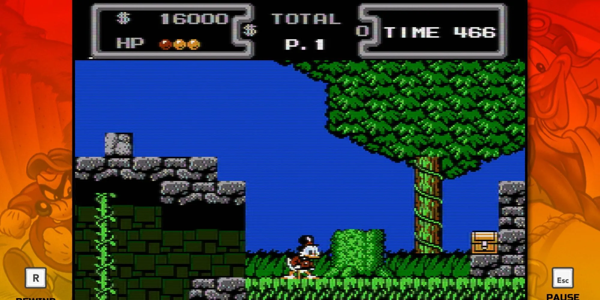 Scrooge McDuck đang vung gậy của mình trong game DuckTales của Capcom, nổi bật với đồ họa pixel chi tiết và cơ chế &quot;pogo jump&quot; đặc trưng trên nền tảng NES.