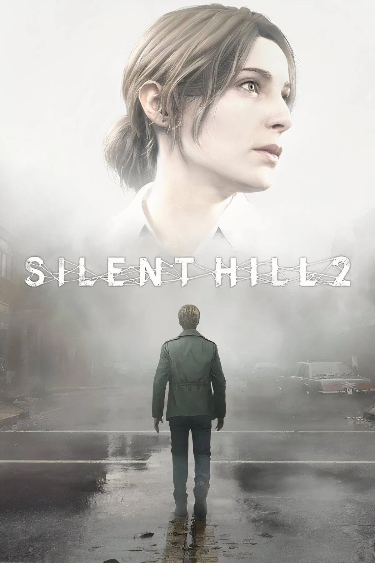 Silent Hill 2 remake cover art showing James Sunderland looking at a foggy, dark town.