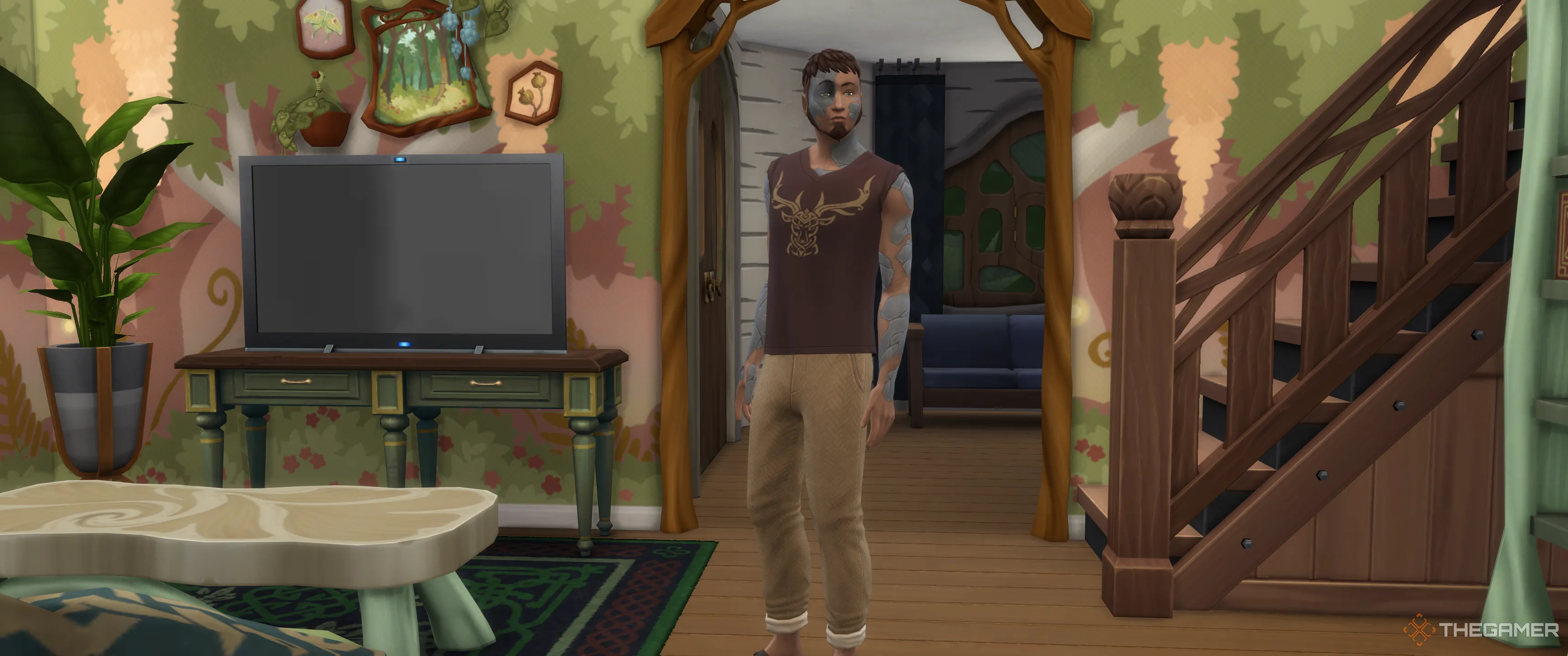 Sim bị ailment Khoảng Trống Cảm Xúc với làn da biến đổi thành màu xám đá trong The Sims 4: Enchanted By Nature.