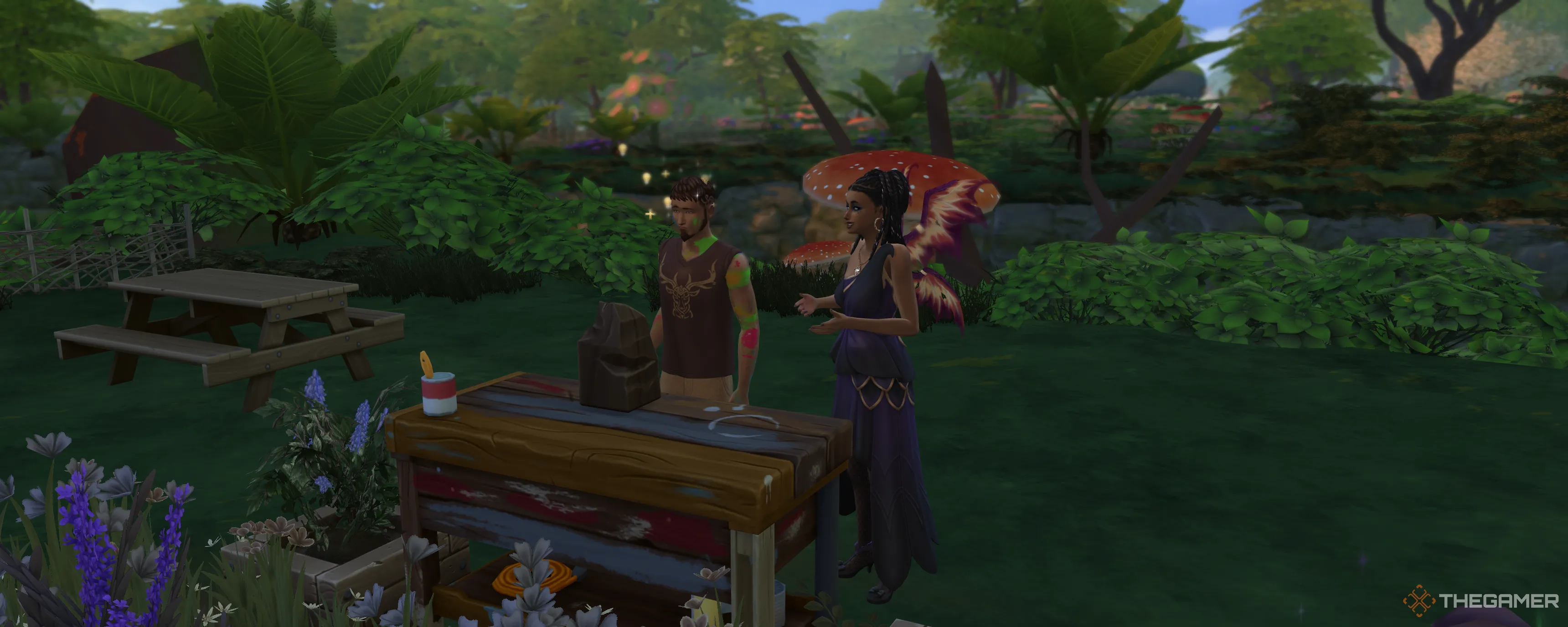 Sim bị ailment Thúc Đẩy Sáng Tạo hăng say chế tạo vật phẩm trong The Sims 4: Enchanted By Nature.