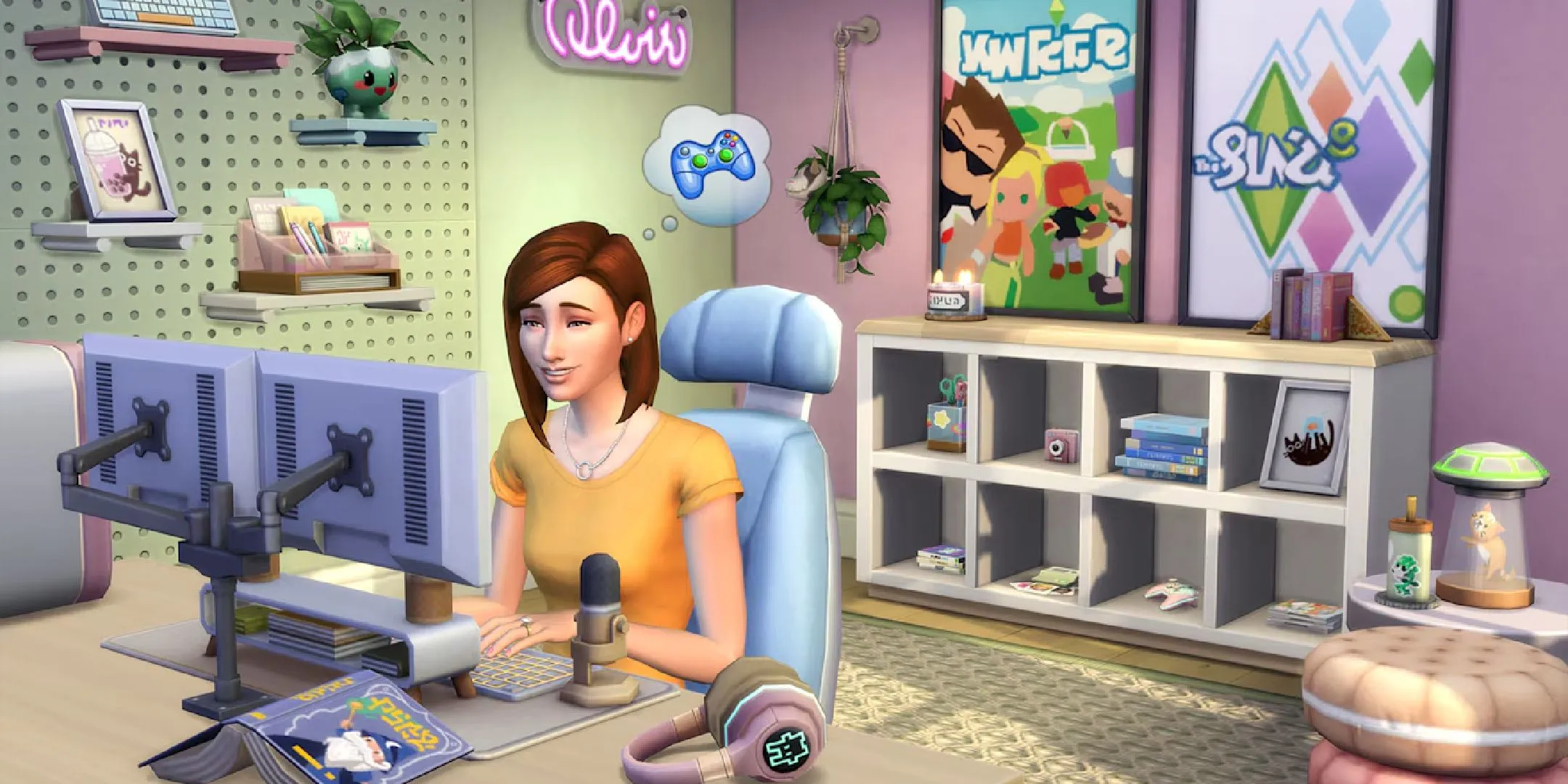 Sim đang ngồi máy tính trong phòng ấm cúng, thể hiện lối sống thư giãn trong The Sims 4