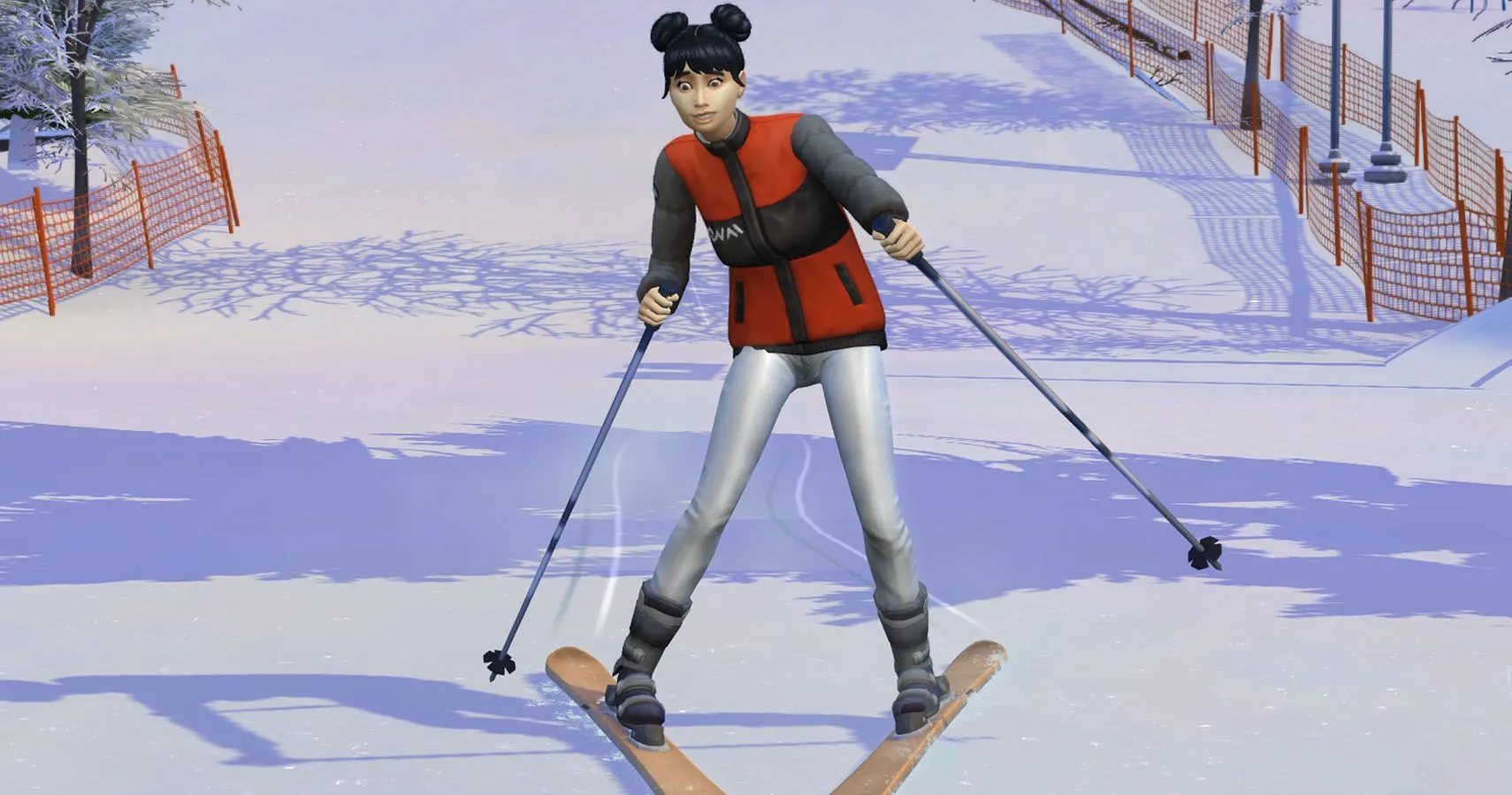 Sim mặc đồ trượt tuyết đang trượt ván trên núi trong The Sims 4 Snowy Escape