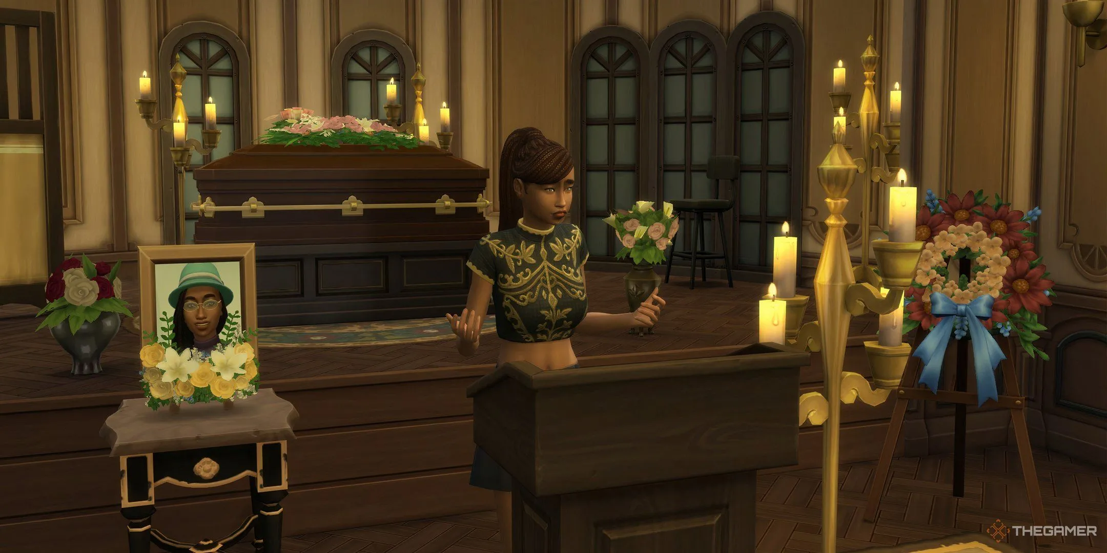 Sim tổ chức đám tang trong The Sims 4 Life and Death, thể hiện khía cạnh vòng đời