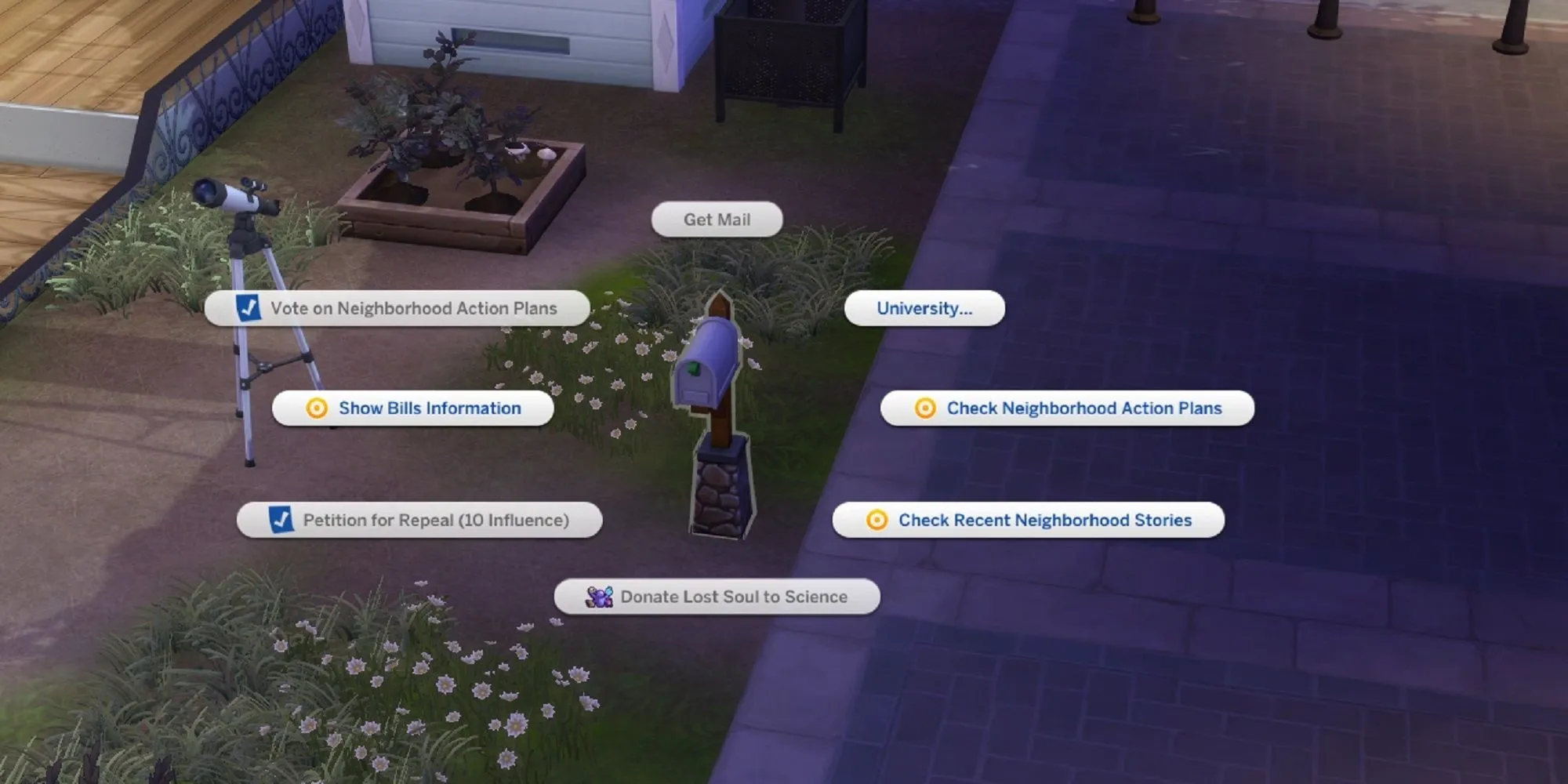 Sims 4 Sim đang tương tác với hộp thư để thanh toán hóa đơn gia đình