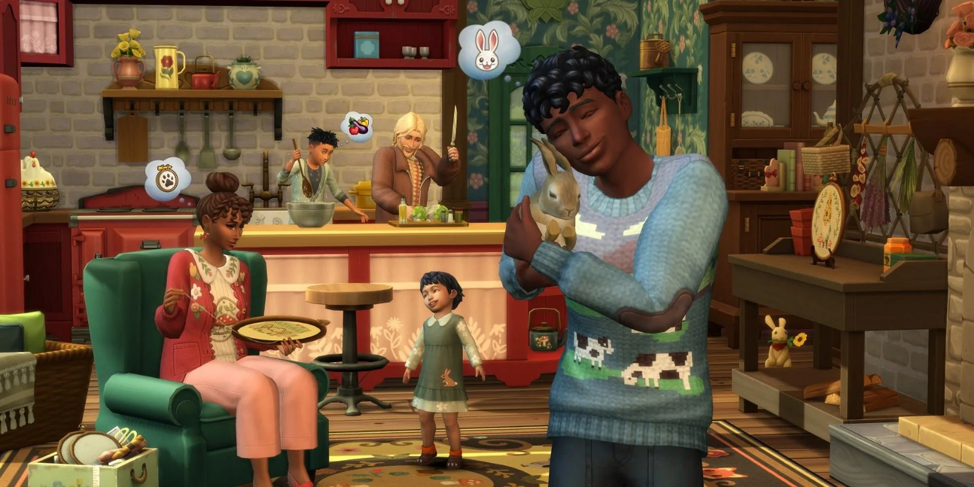 Sims và gia đình đang nấu ăn cùng thỏ trong gói Cottage Living của The Sims 4
