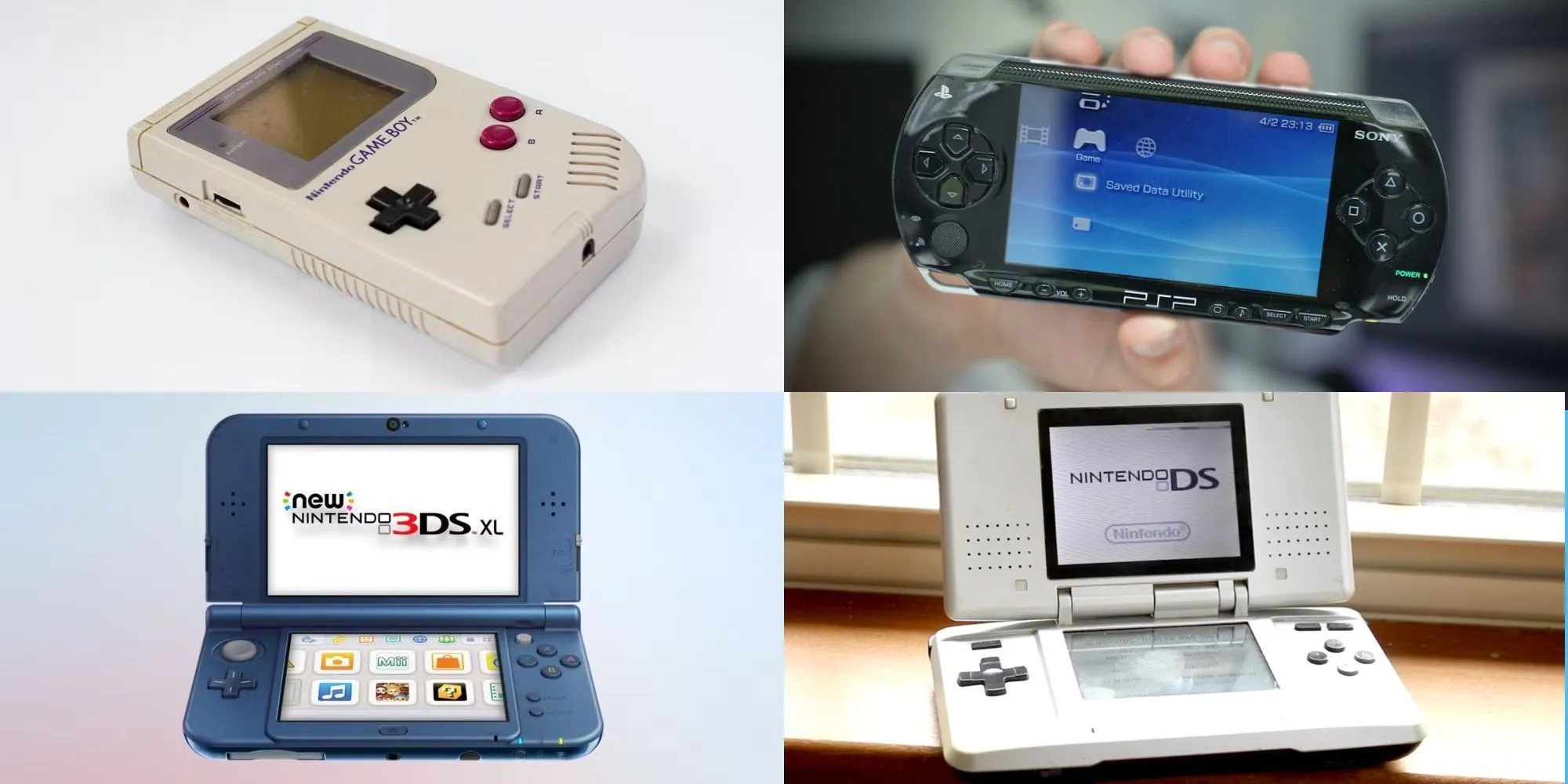 So sánh kích thước và thiết kế của các hệ máy cầm tay Game Boy, PSP và New 3DS XL, thể hiện sự phát triển công nghệ handheld.