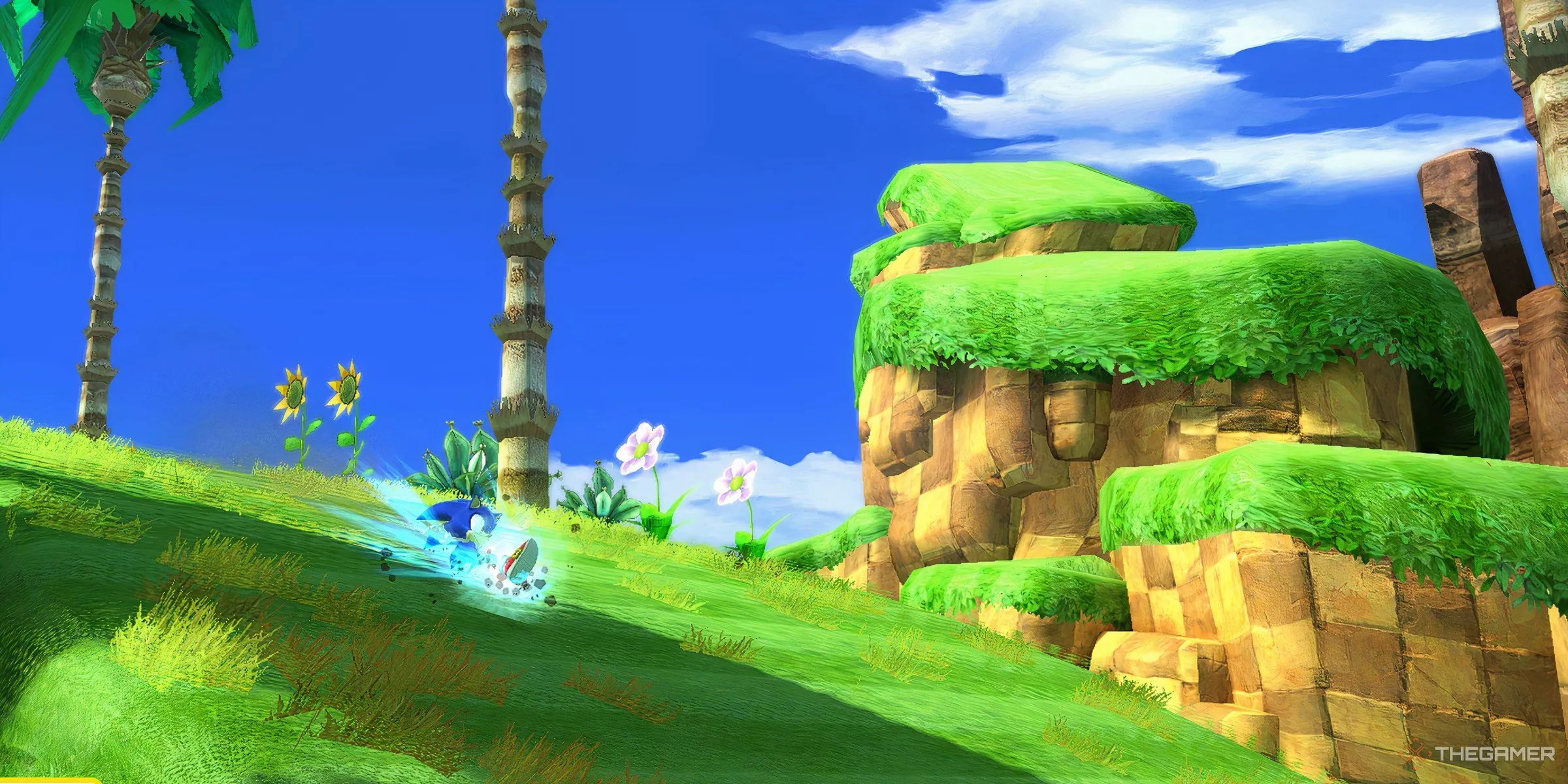 Sonic đang thực hiện pha tăng tốc trong Green Hill Zone, một màn chơi mang tính biểu tượng với đồi xanh và phong cảnh tươi sáng của Sonic the Hedgehog.