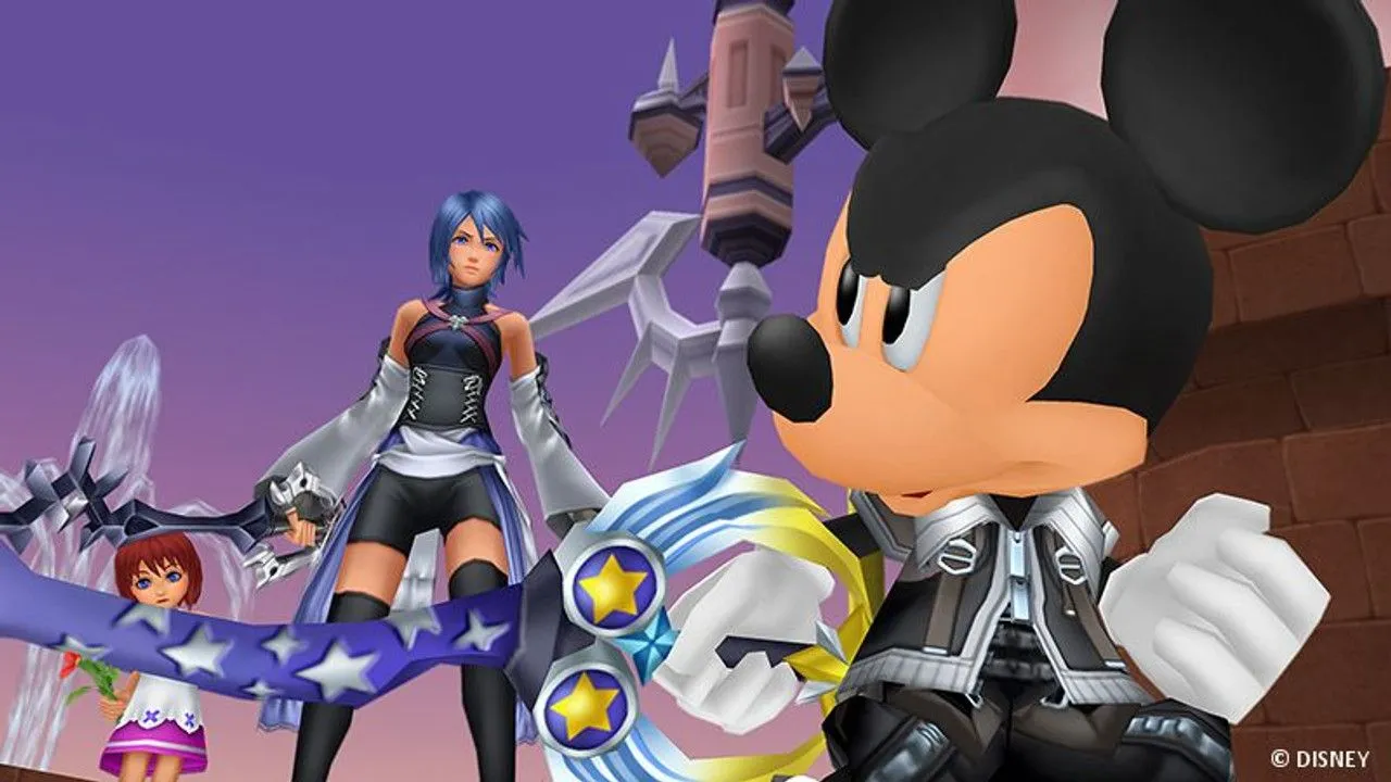 Sora, Donald và Goofy khám phá các thế giới trong Kingdom Hearts, một tựa game JRPG độc đáo