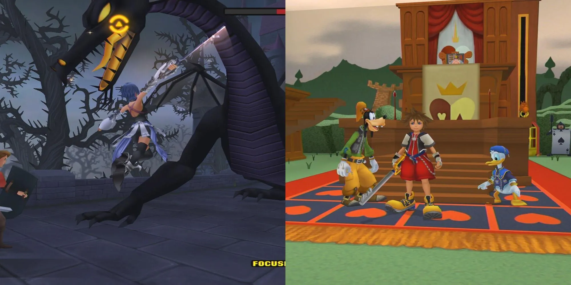 Sora, Goofy và Donald Duck cùng với các nhân vật khác của Final Fantasy và Disney trong Kingdom Hearts 2, minh họa sự kết hợp độc đáo giữa các vũ trụ và lối chơi RPG hành động đỉnh cao.