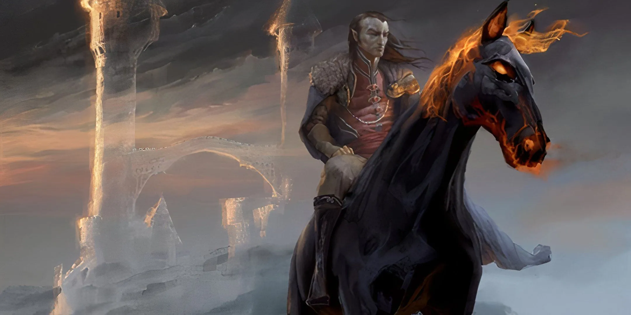 Strahd Von Zarovich cưỡi ngựa trong sương mù, biểu tượng của sự đáng sợ trong D&amp;D