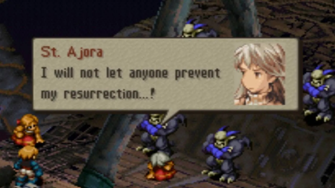 Thánh Ajora Glabados chuẩn bị hồi sinh trong Final Fantasy Tactics, thực chất bị Lucavi Ultima chiếm hữu.