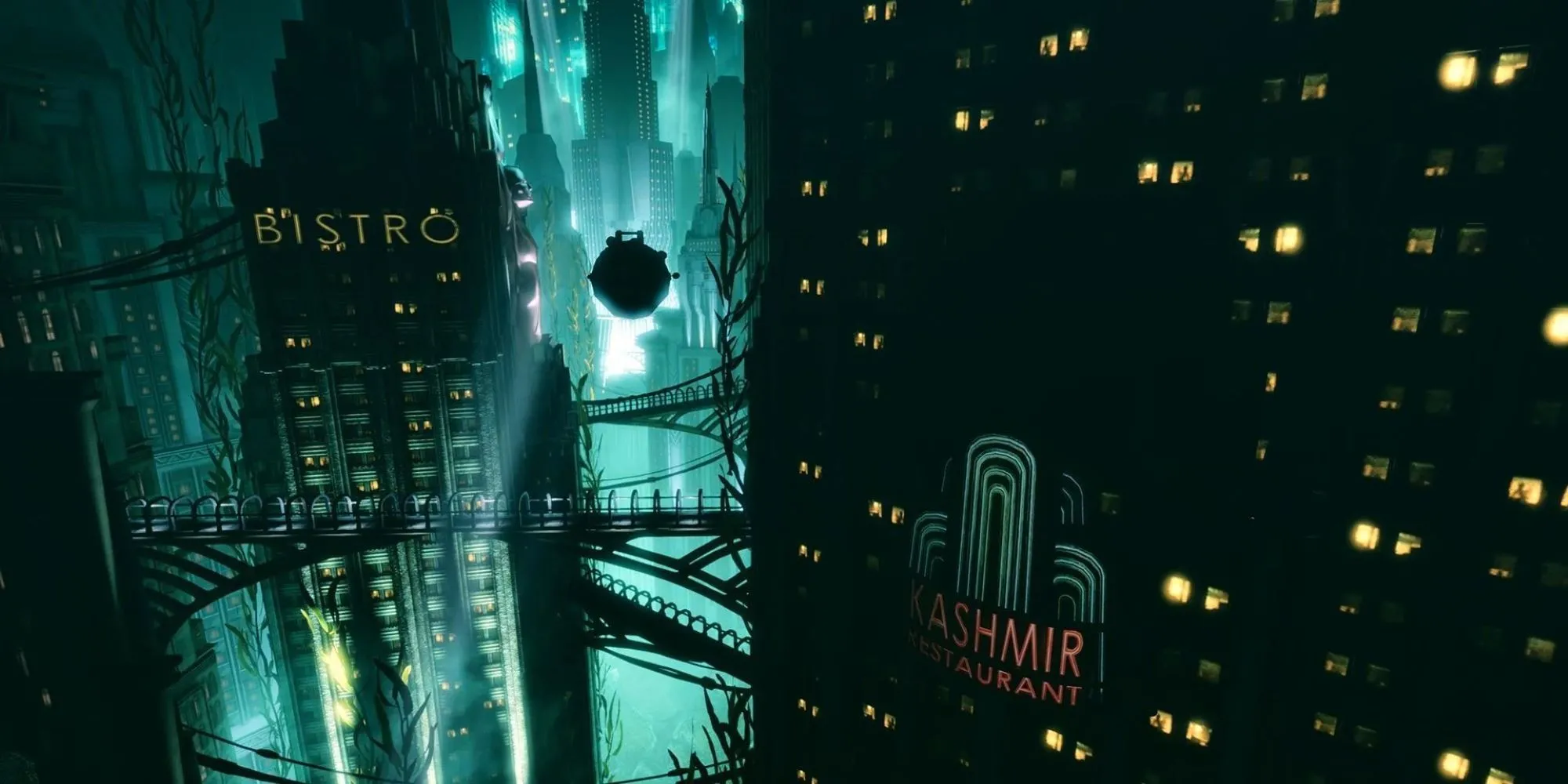 Thành phố dưới nước Rapture trong BioShock, với kiến trúc Art Deco và ánh sáng lờ mờ tạo cảm giác bí ẩn, hỗn loạn.