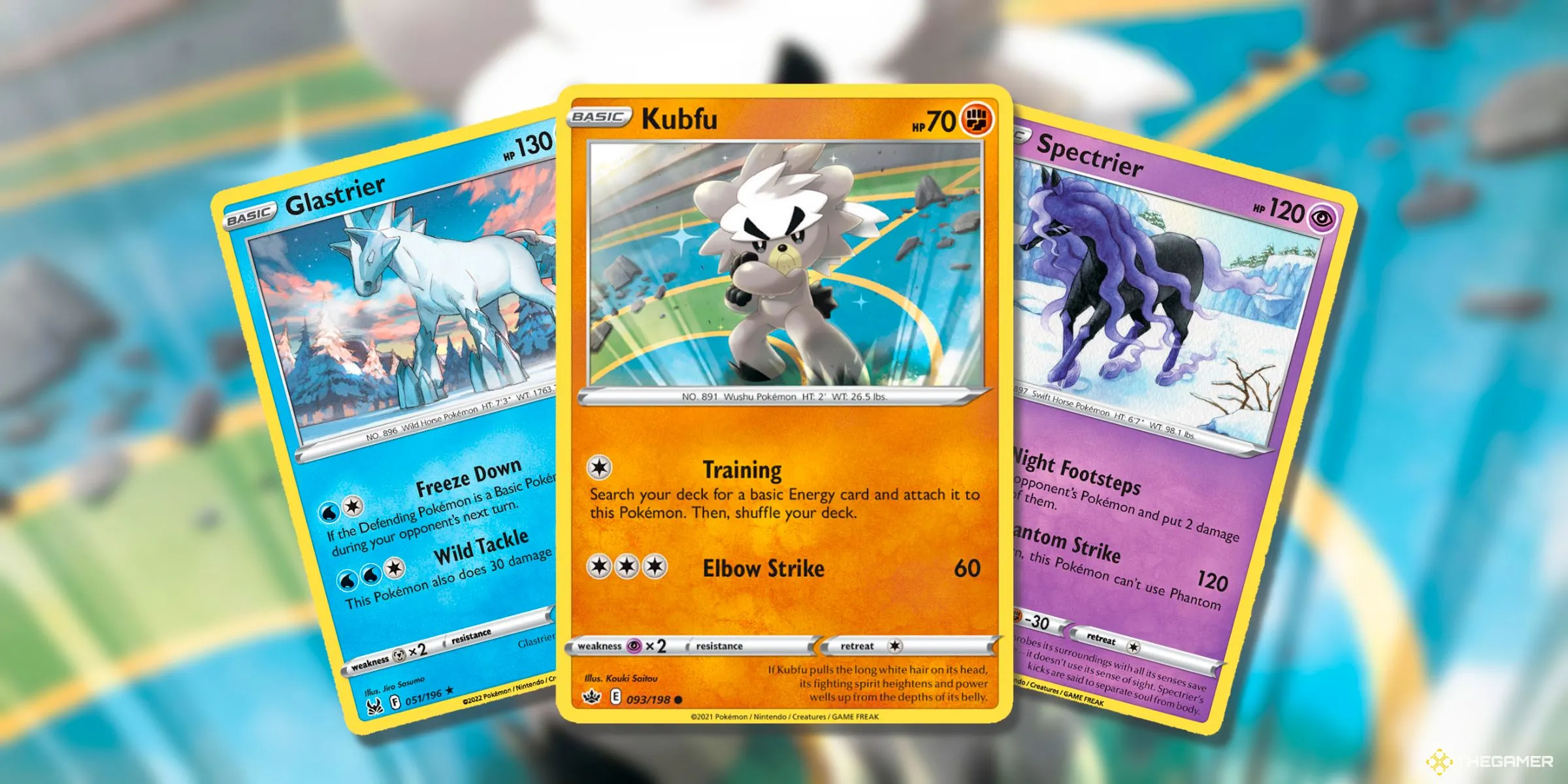 Thẻ bài của các Pokemon Legendary từ DLC Galar như Glastrier, Kubfu và Spectrier, chỉ có một thẻ duy nhất dù là Pokemon huyền thoại