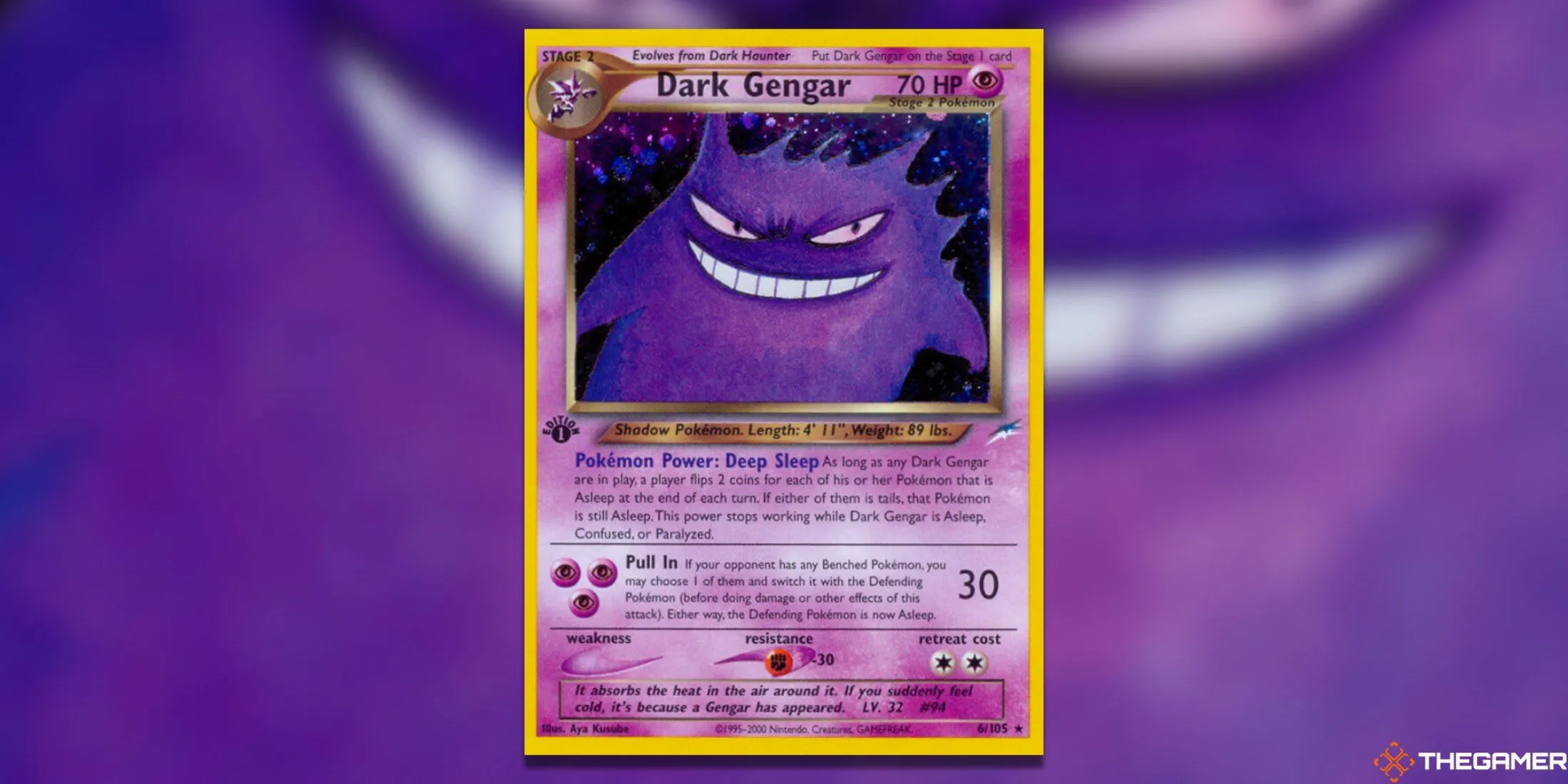 Thẻ bài Dark Gengar Holo Rare First Edition từ set Neo Destiny, một trong những thẻ Pokemon TCG có giá trị cao và được yêu thích nhất.