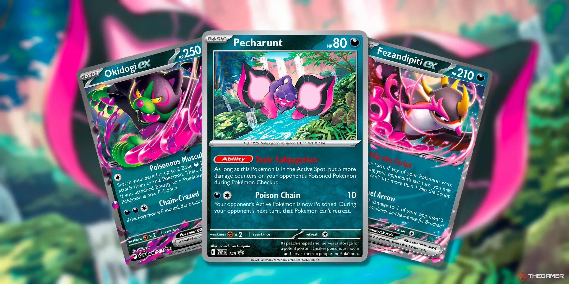Thẻ bài EX của nhóm &quot;Bộ Ba Trung Thành&quot; Okidogi, Pecharunt và Fezandipiti từ bản mở rộng Shrouded Fable của Pokemon TCG