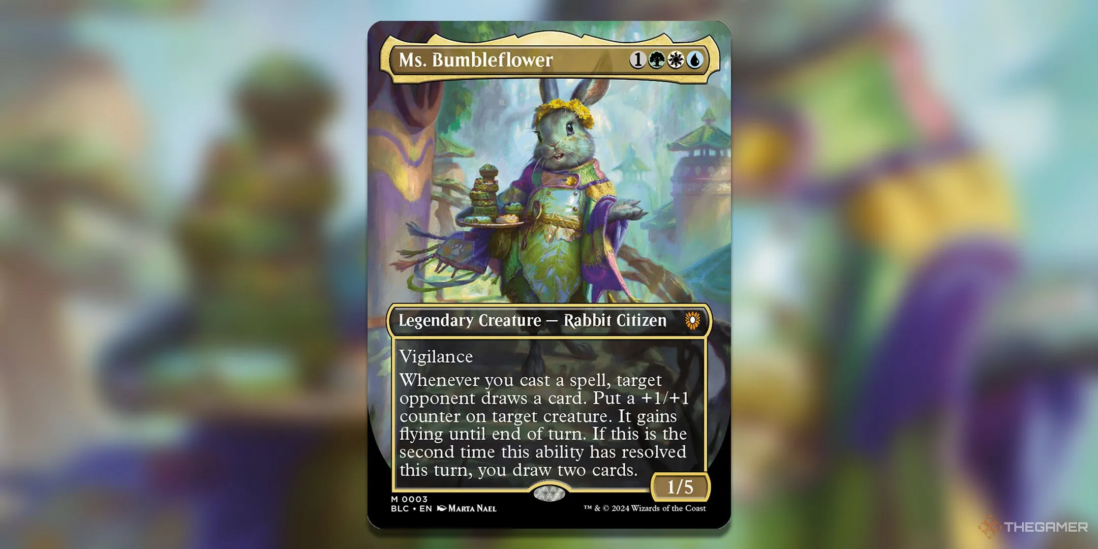 Thẻ bài Ms. Bumbleflower, Commander của bộ bài Peace Offering, nổi bật với phong cách Group Hug.