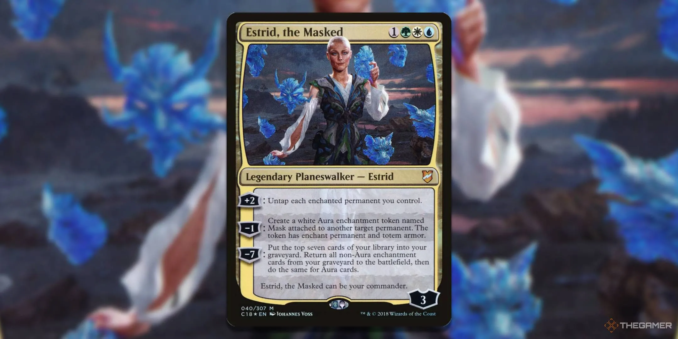 Thẻ bài Planeswalker Estrid, the Masked, gương mặt của bộ bài Adaptive Enchantment trong MTG.
