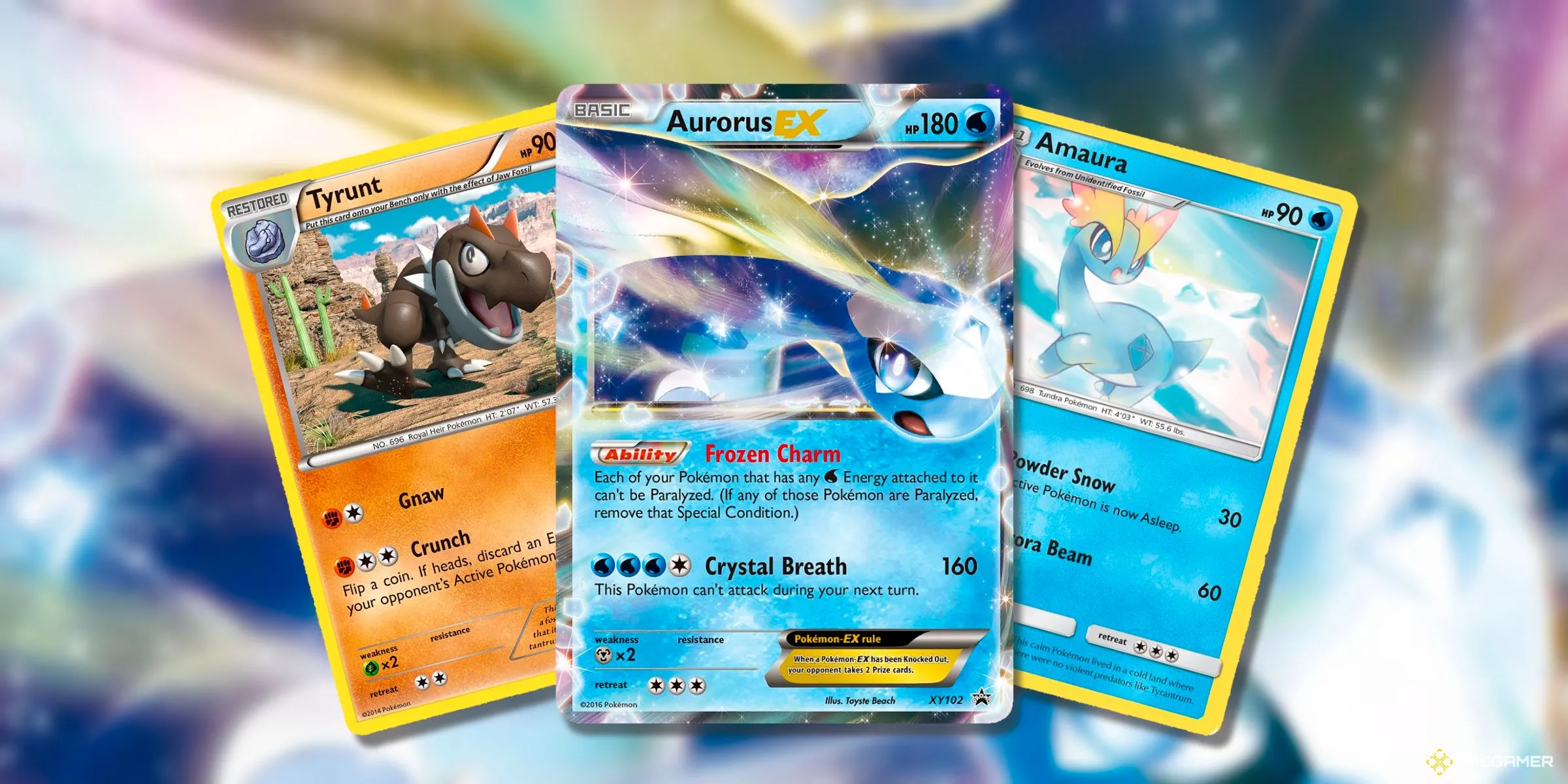 Thẻ bài Pokemon hóa thạch Tyrunt, Aurorus EX và Amaura từ các kỷ nguyên khác nhau của TCG, ít được yêu thích dù thiết kế độc đáo