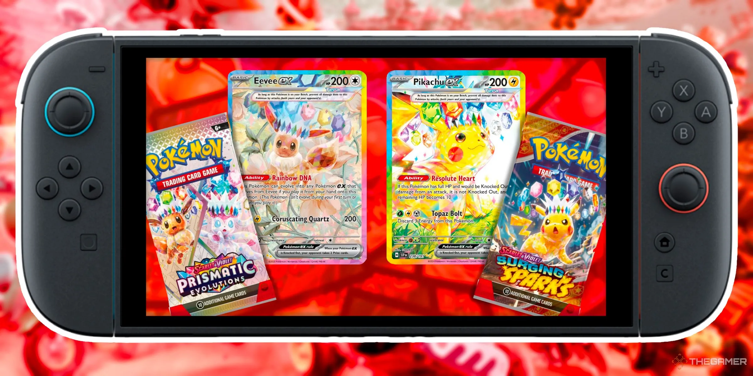 Thẻ bài Pokemon TCG (Eevee và Pikachu Tera EX) cùng các gói bài Prismatic Evolutions và Surging Sparks, minh họa cho game board game.