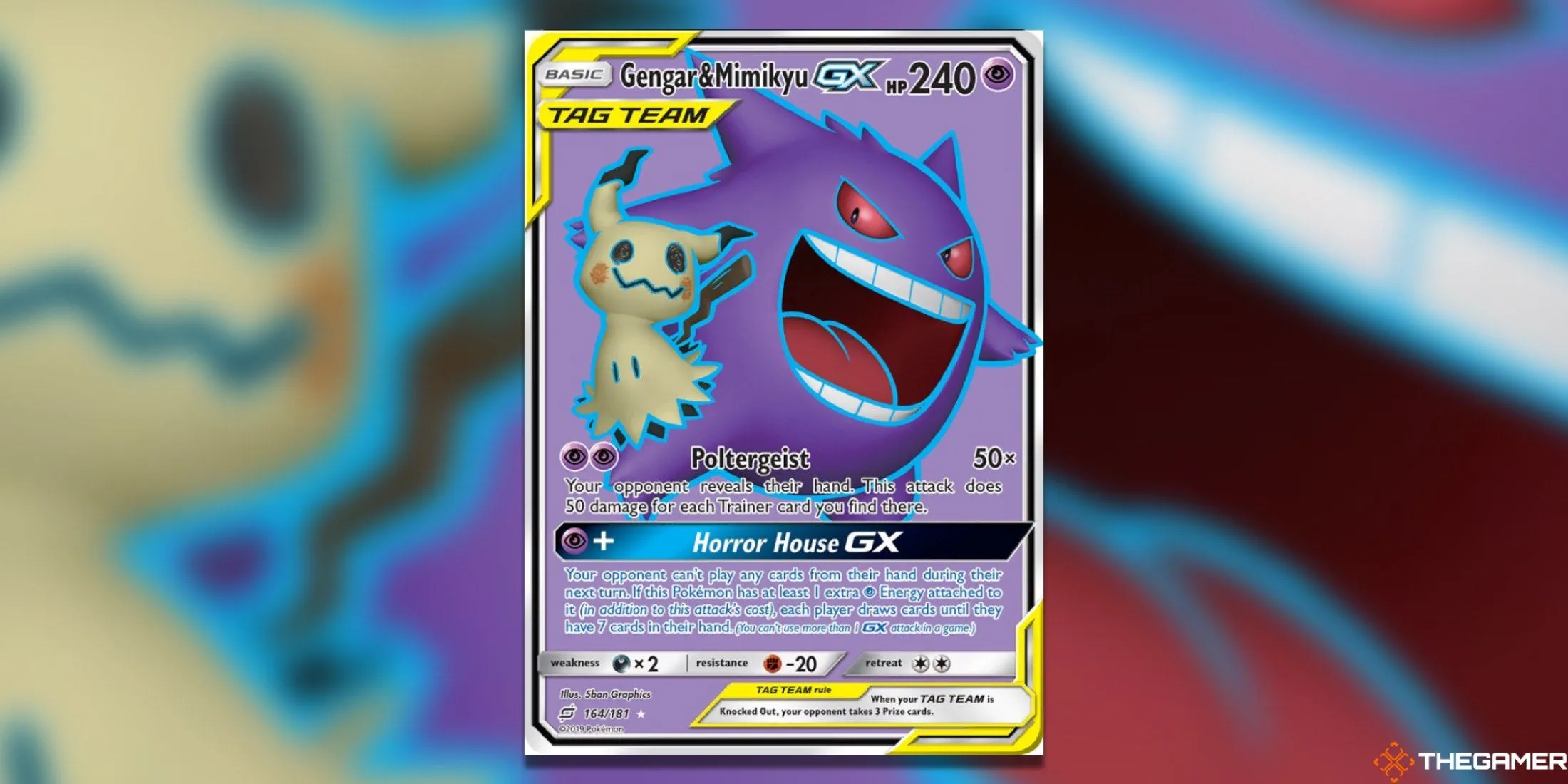 Thẻ bài Pokemon TCG Gengar &amp; Mimikyu GX Full Art từ bộ Team Up, với hình ảnh Gengar và Mimikyu chiếm toàn bộ thẻ.