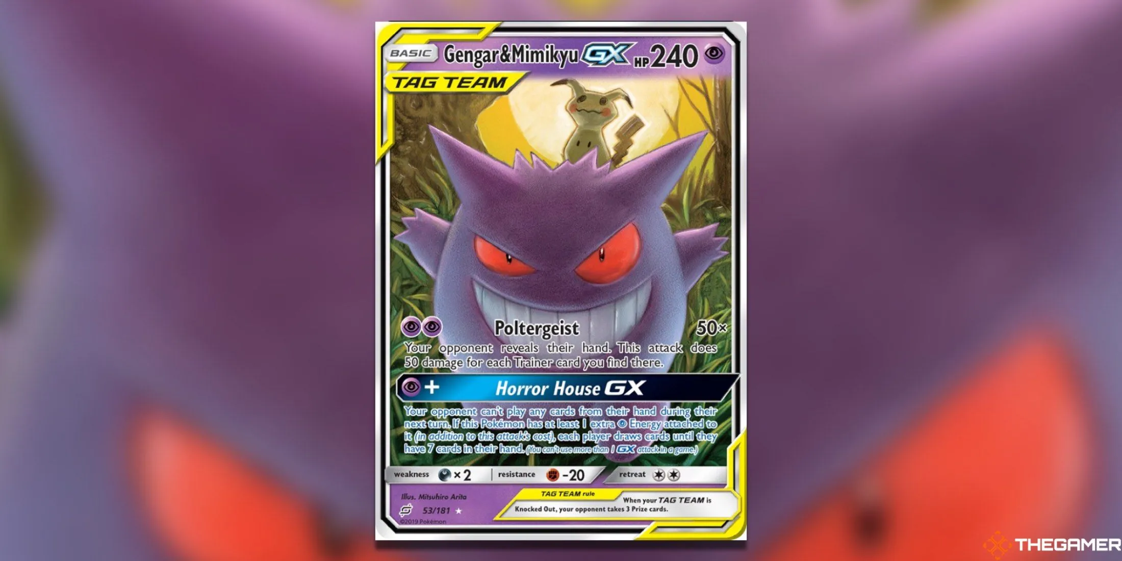 Thẻ bài Pokemon TCG Gengar &amp; Mimikyu GX Ultra Rare từ bộ Team Up, thể hiện Mimikyu ngồi trên đầu Gengar.