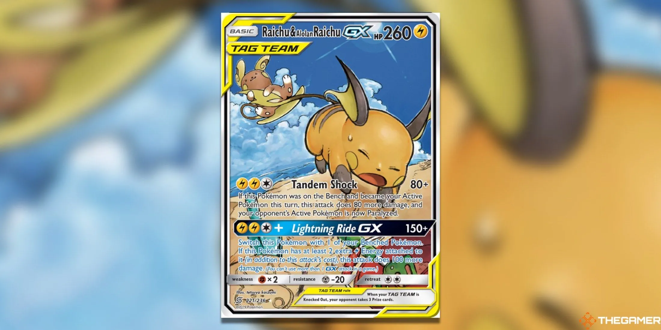 Thẻ bài Pokemon TCG Raichu &amp; Alolan Raichu GX Alternate Art từ bộ Unified Minds, với Raichu thường và Raichu Alola.