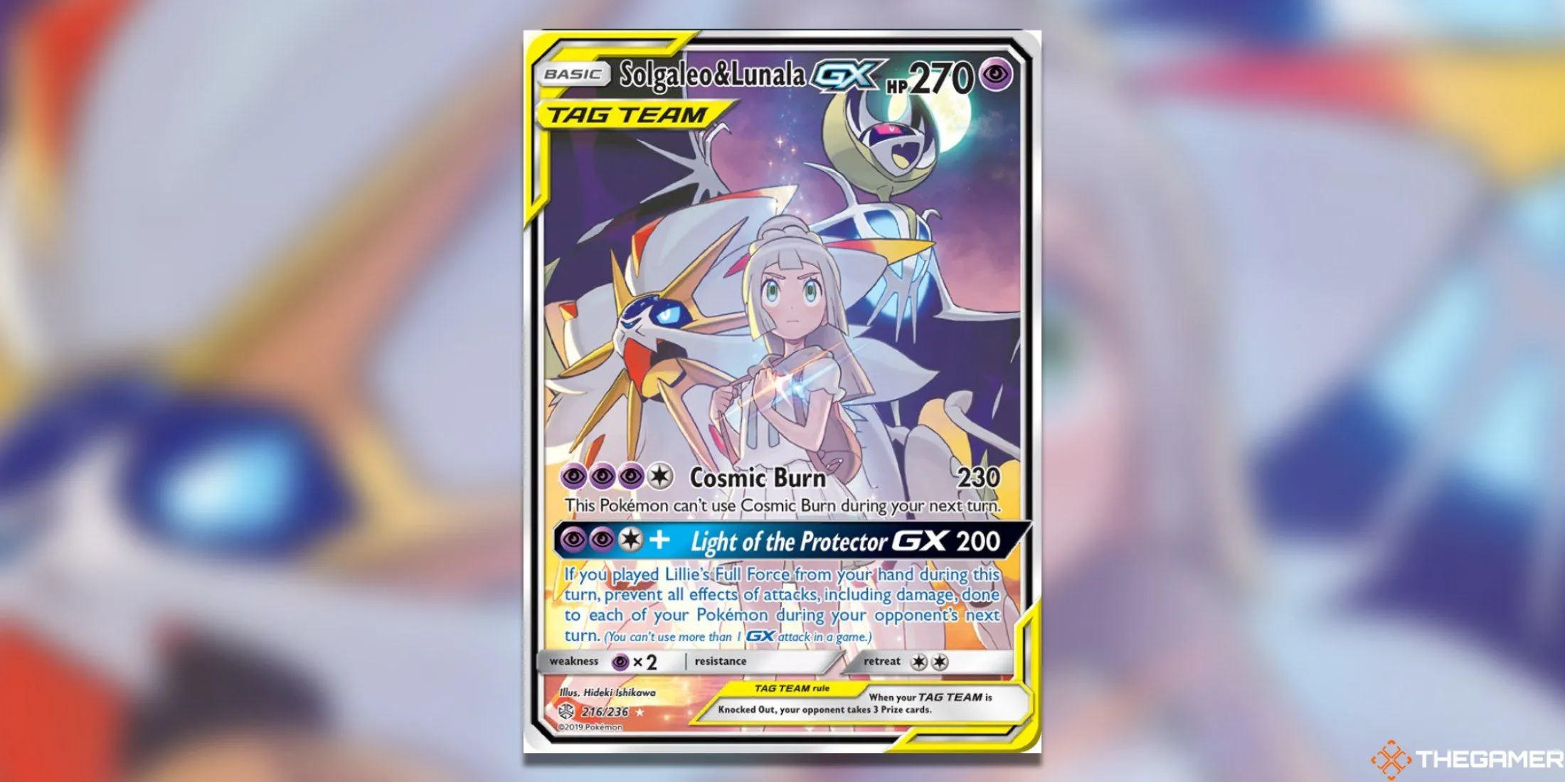 Thẻ bài Pokemon TCG Solgaleo &amp; Lunala GX Full Art từ bộ Cosmic Eclipse, có sự góp mặt của Lillie cùng hai Pokemon huyền thoại Alola.