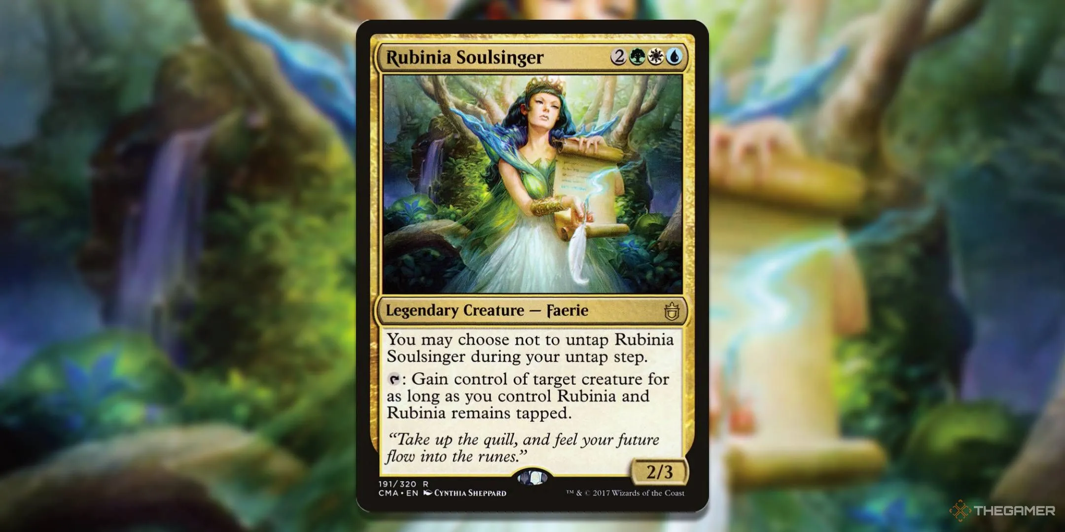 Thẻ bài Rubinia Soulsinger với hình minh họa ấn tượng, Commander của bộ bài Enchantress Rubinia.