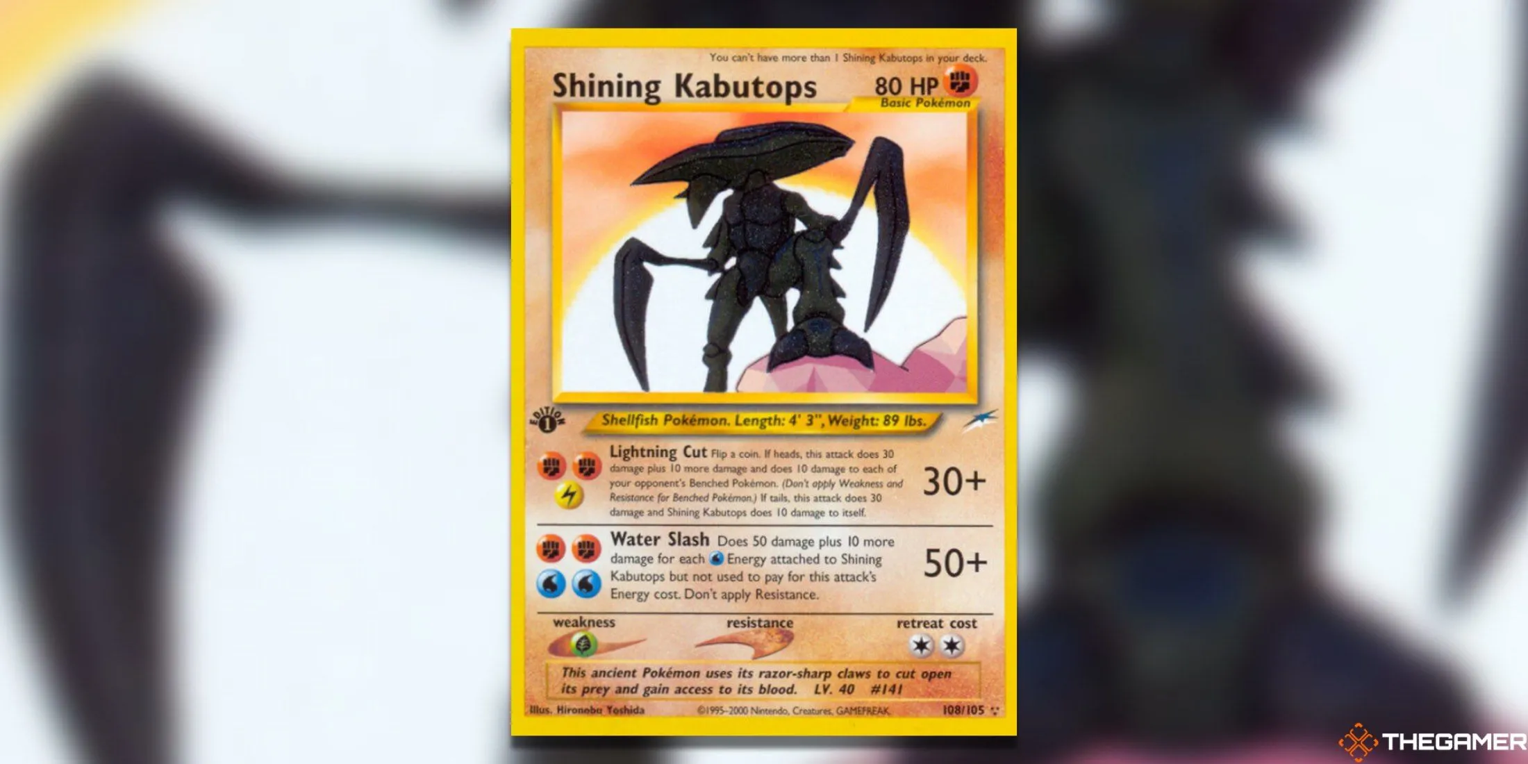 Thẻ bài Shining Kabutops First Edition từ set Neo Destiny, một Secret Rare hiếm có trong Pokemon TCG, nổi bật với giá trị ổn định.