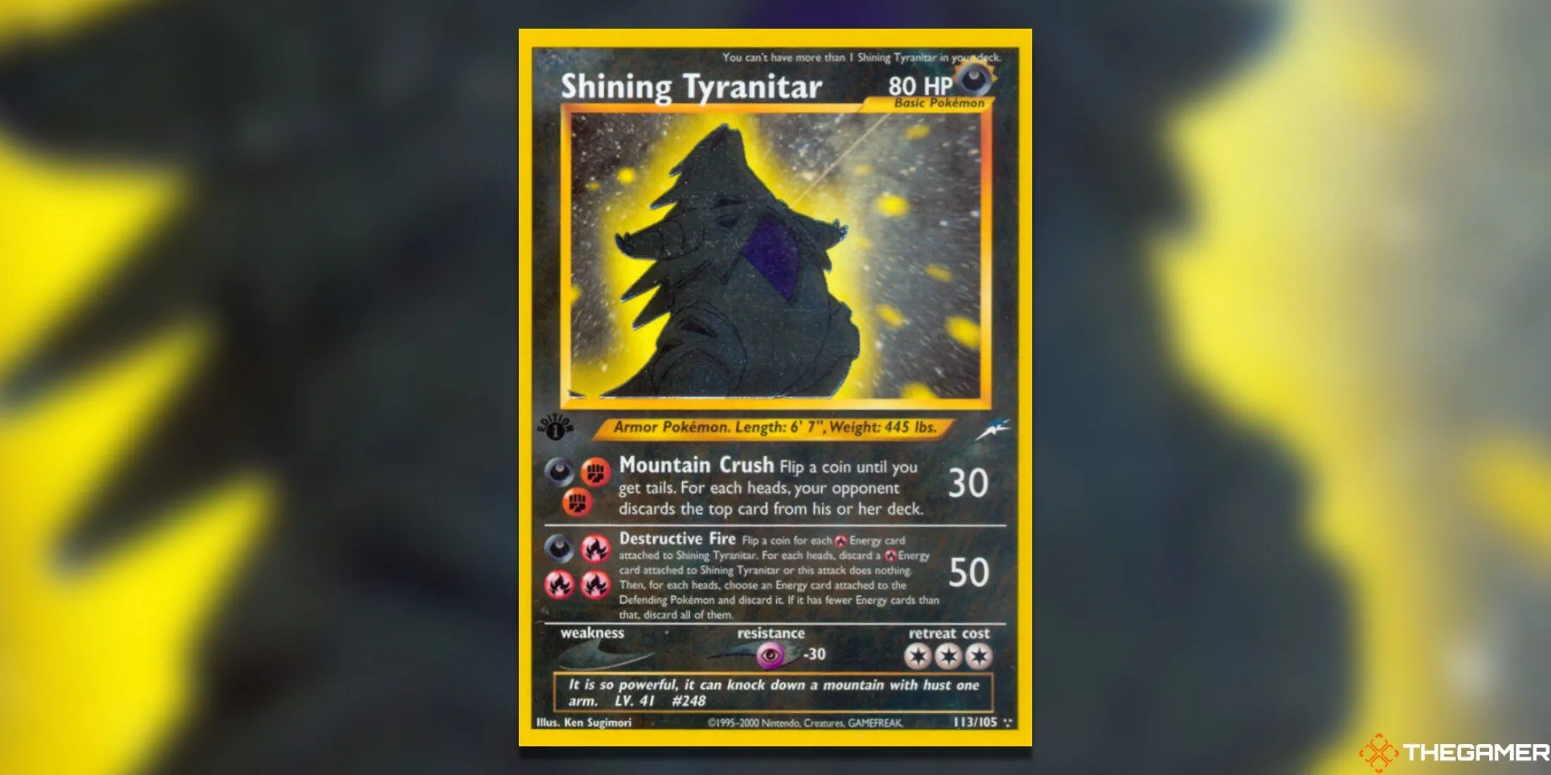 Thẻ bài Shining Tyranitar Secret Rare First Edition từ set Neo Destiny, một trong những thẻ bài Pokemon TCG Neo era có giá trị tăng trưởng ấn tượng.