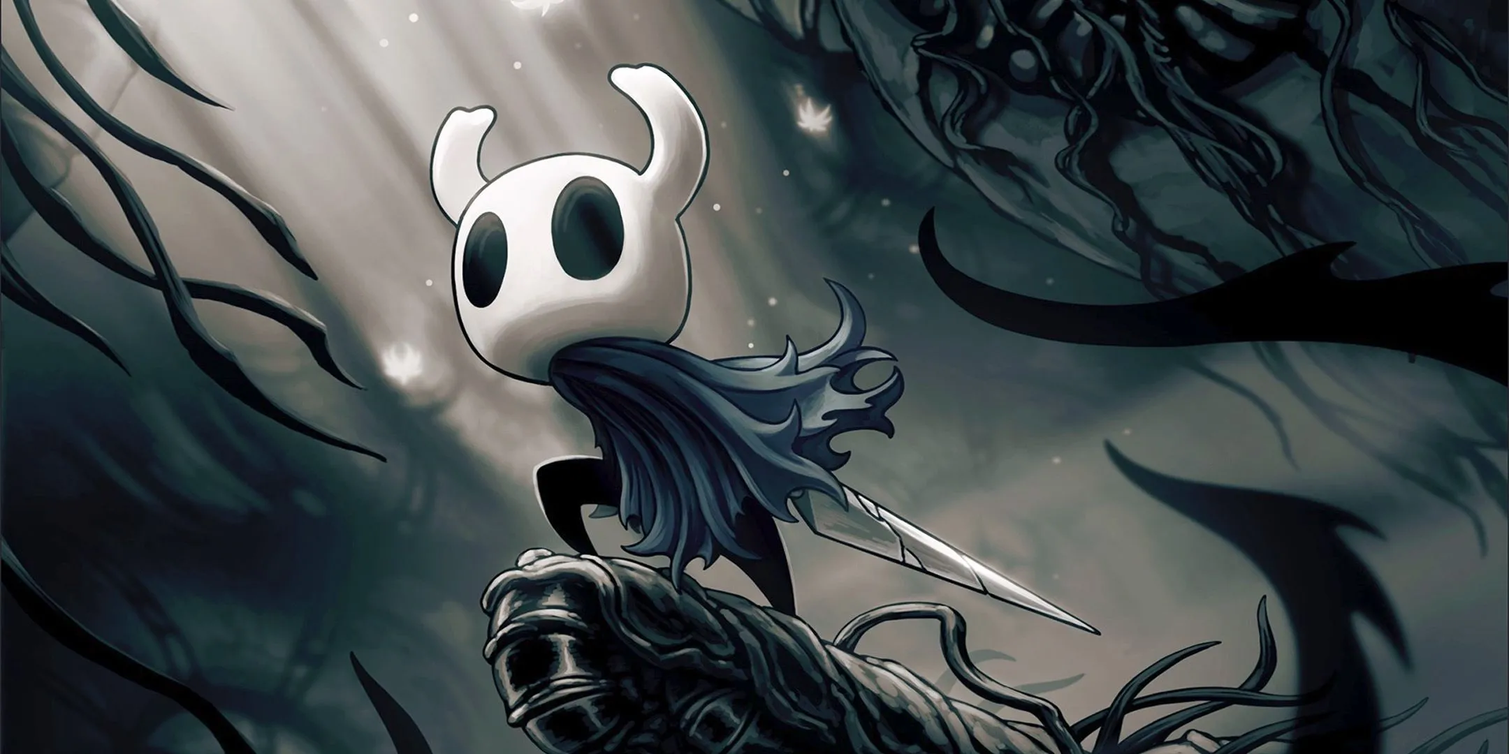 The Knight từ Hollow Knight cầm thanh nail huyền thoại