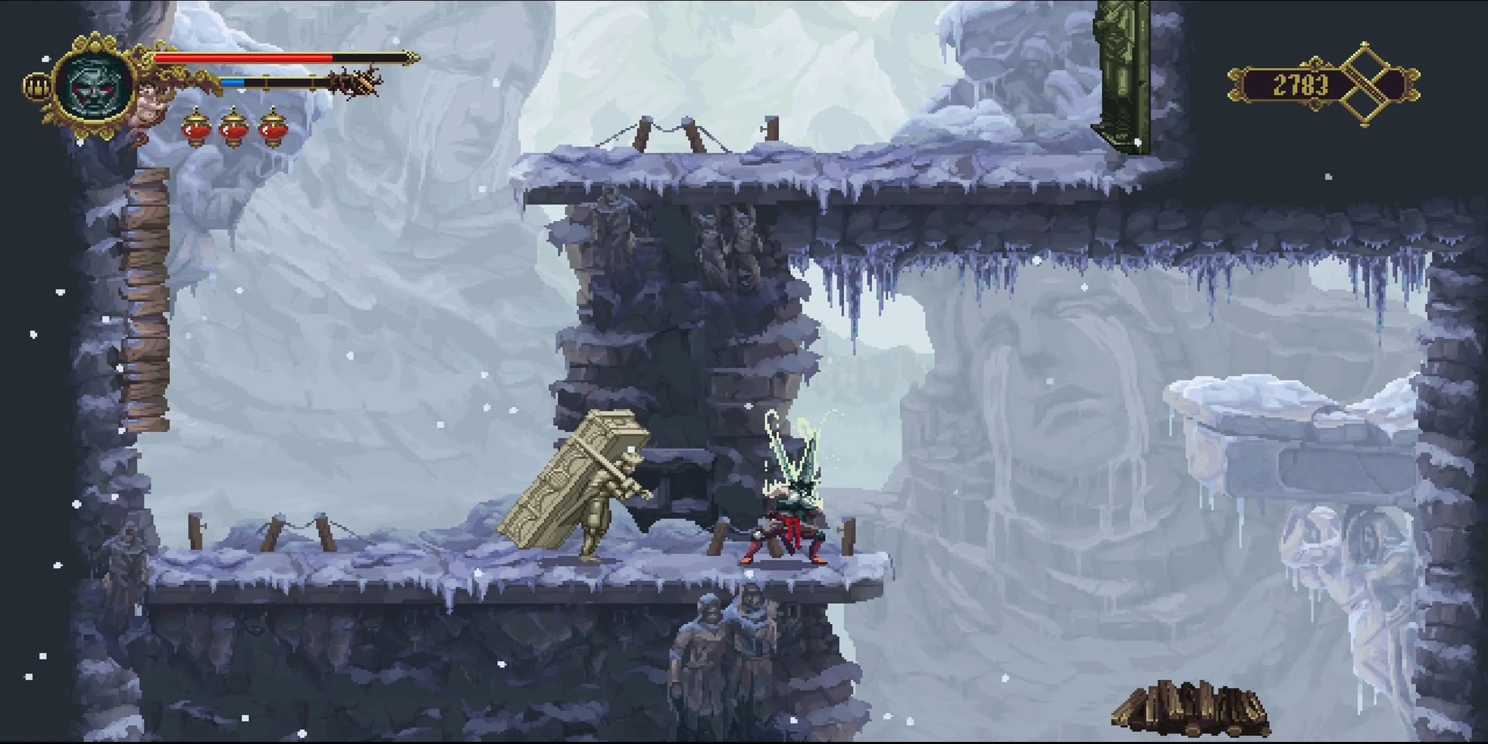 The Penitent One đối mặt với bức tượng khổng lồ trong thế giới Cvstodia của Blasphemous, game Soulslike gothic