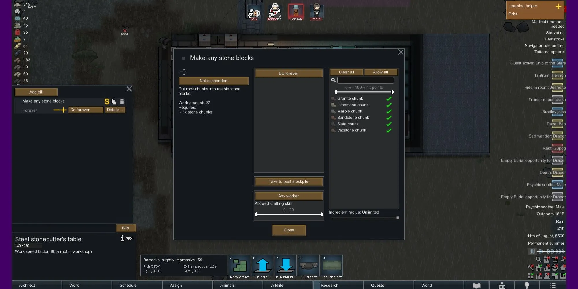 Thợ đá đang chế tạo khối đá tại Bàn Chế Tác Đá trong RimWorld