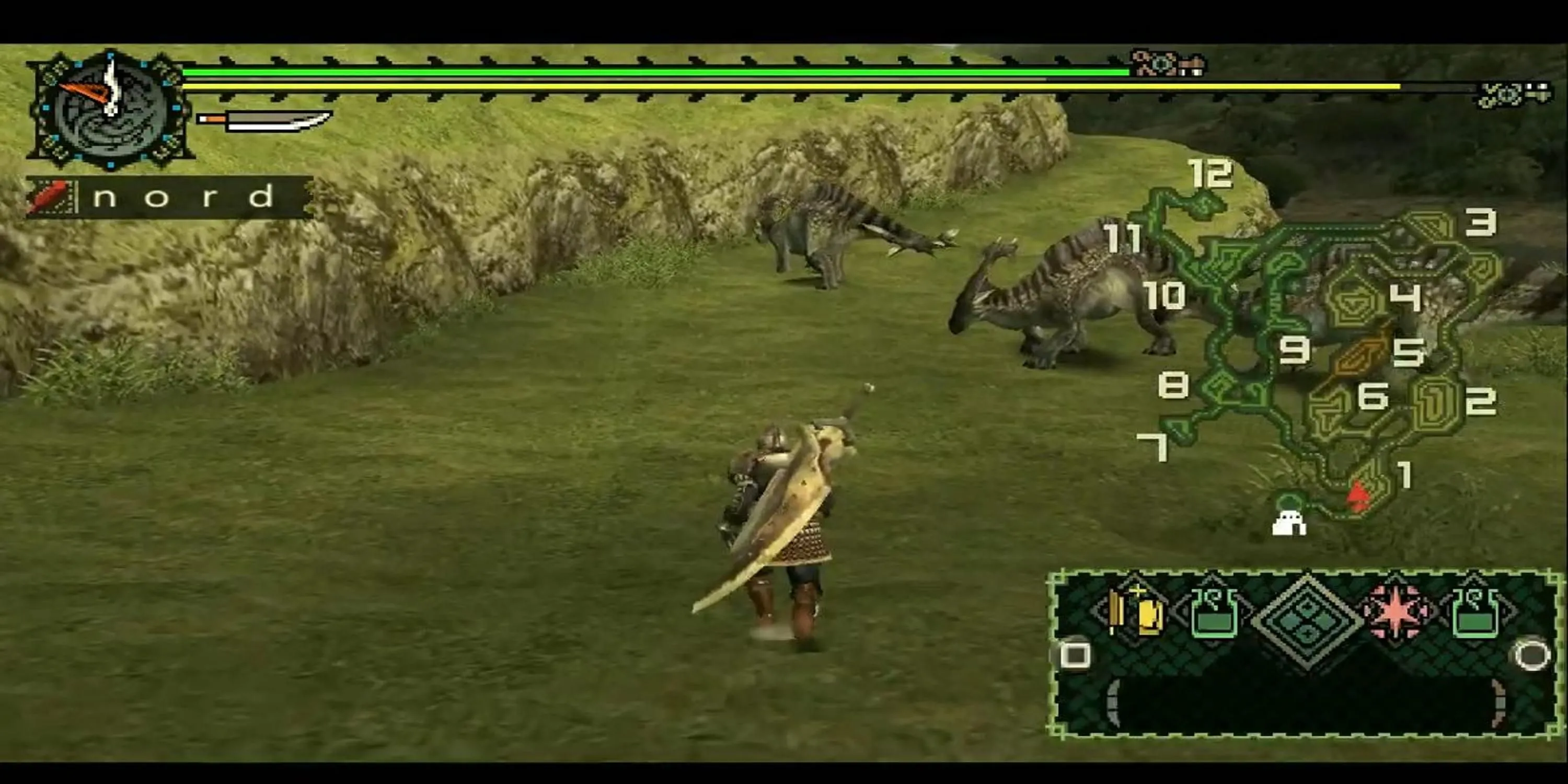 Thợ săn đối mặt với quái vật khổng lồ trong Monster Hunter Freedom Unite, cho thấy quy mô thế giới game và gameplay săn bắn hợp tác trên PSP.