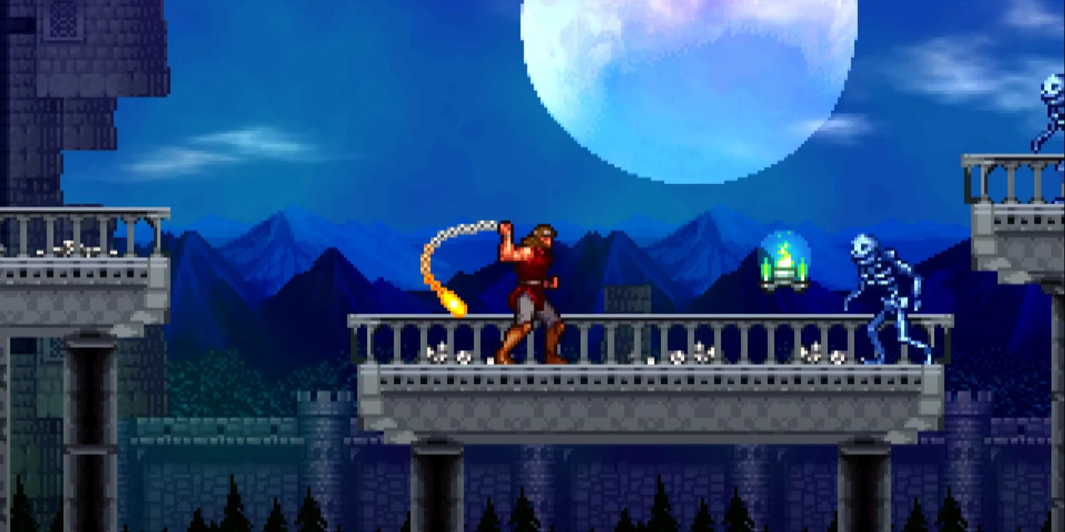 Thợ săn ma cà rồng Christopher Belmont chiến đấu với bộ xương trong Castlevania, trên nền trăng tròn, thể hiện yếu tố kinh dị đặc trưng