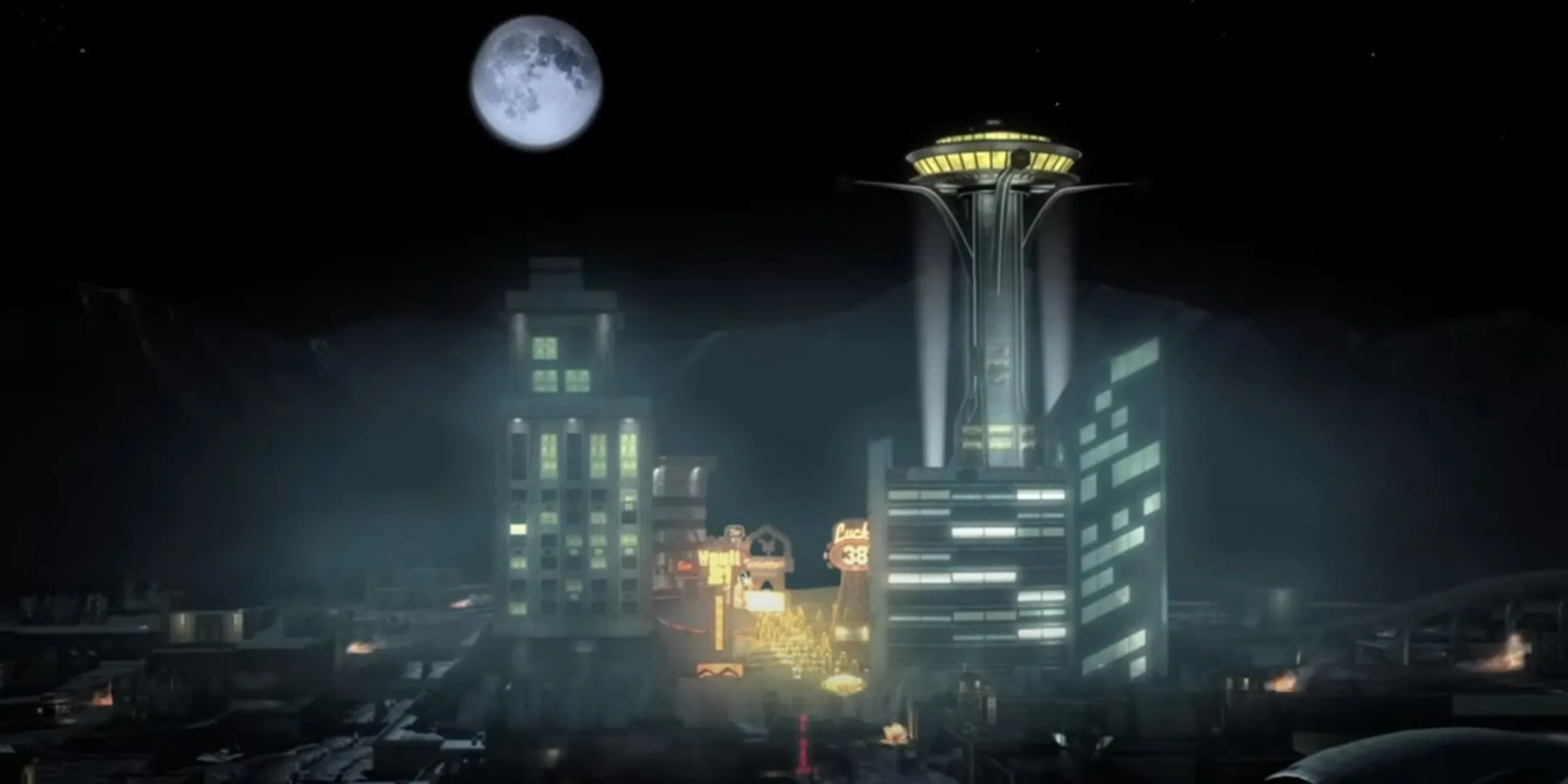 Toàn cảnh thành phố New Vegas nổi bật giữa sa mạc hoang tàn trong Fallout: New Vegas, biểu tượng của hy vọng và sự cám dỗ sau ngày tận thế.
