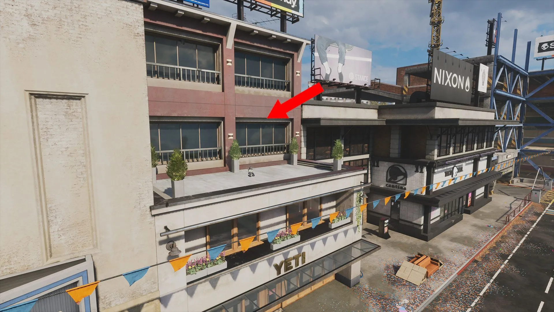 Vị trí chú gấu bông Panda trên nóc nhà trắng gần garage ở College trong Tony Hawk's Pro Skater 4