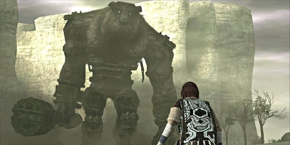 Wander, nhân vật chính trong Shadow of the Colossus, đối mặt với Valus, tên khổng lồ đầu tiên.