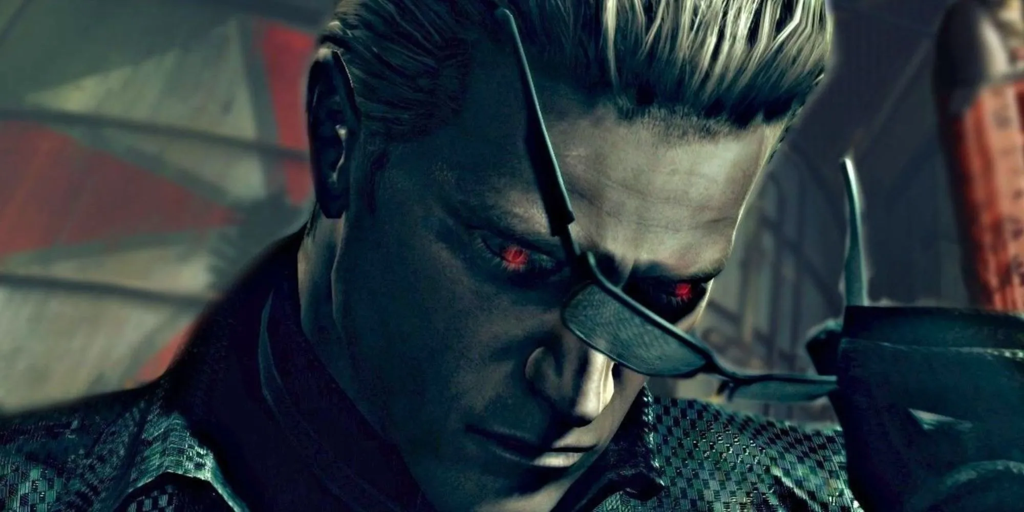 Wesker bỏ kính râm, lộ đôi mắt đỏ rực trong Resident Evil 5, biểu tượng của sự cường điệu.