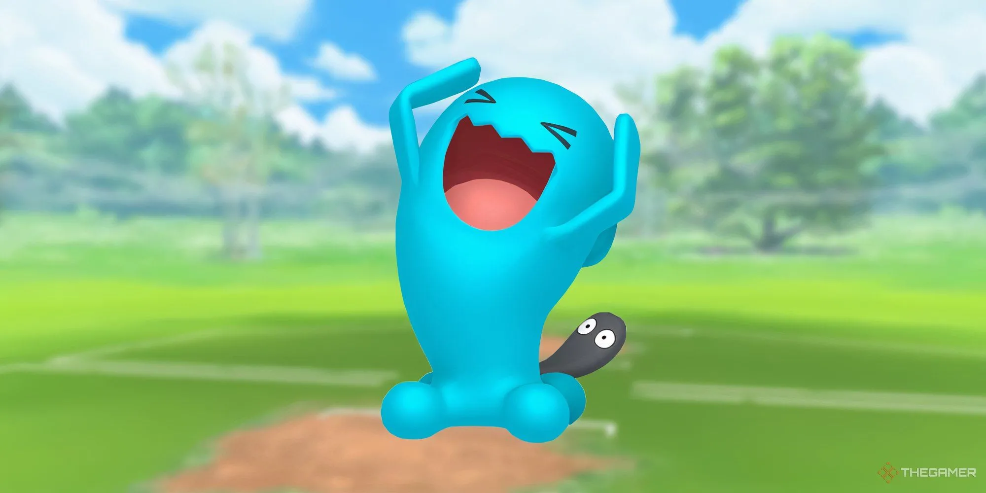 Wobbuffet với khuôn mặt biểu cảm trong bối cảnh trận đấu Pokemon Go
