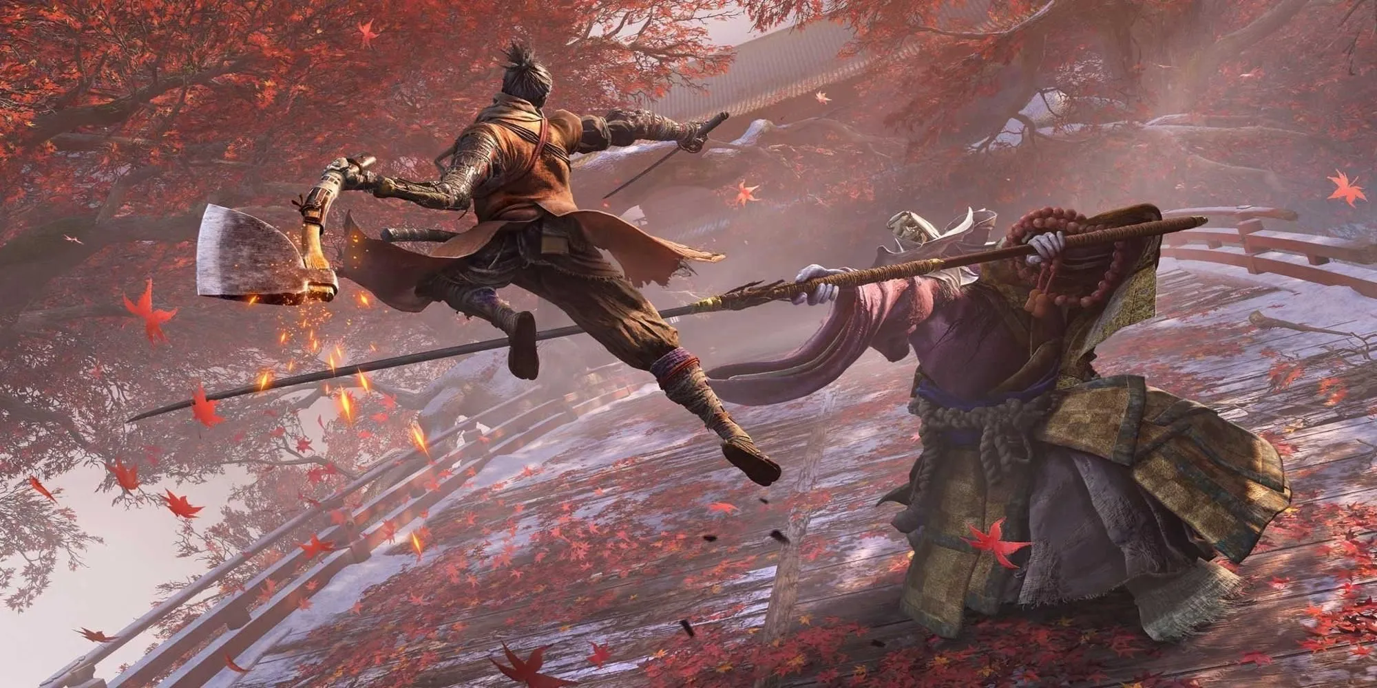 Wolf tấn công True Corrupted Monk trong Sekiro Shadows Die Twice