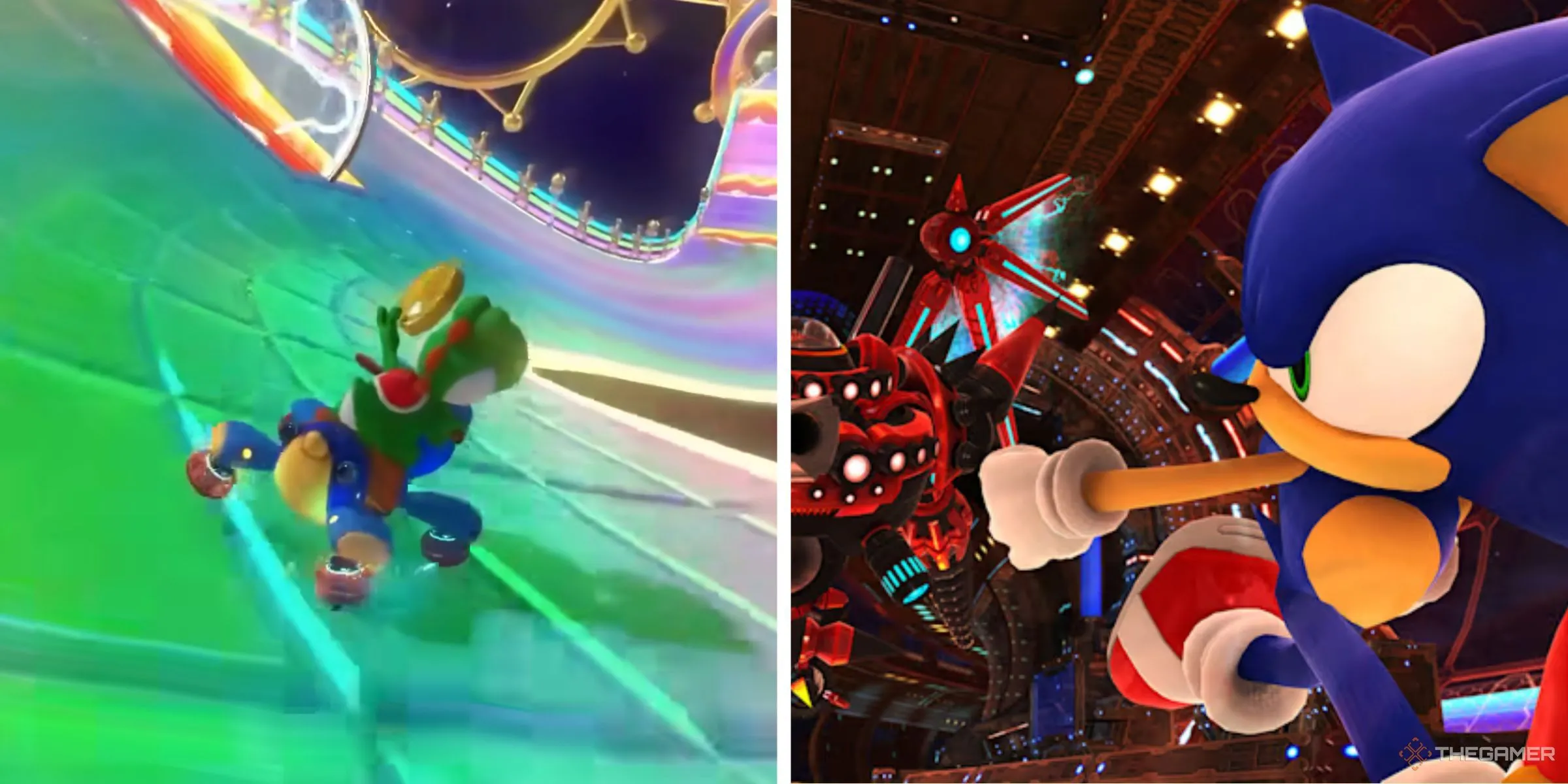 Yoshi đua trên đường Rainbow Road của Wii trong Mario Kart 8 Deluxe và Sonic chạy trốn khỏi Eggman trong Sonic X Shadow Generations, minh họa speedrun.