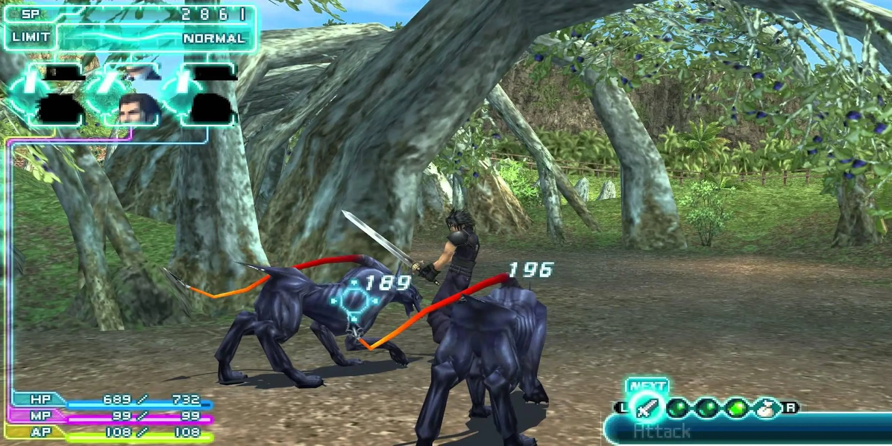 Zack Fair chiến đấu với quái vật dạng chó trong Crisis Core: Final Fantasy VII, thể hiện đồ họa cinematic và gameplay hành động RPG trên PSP.