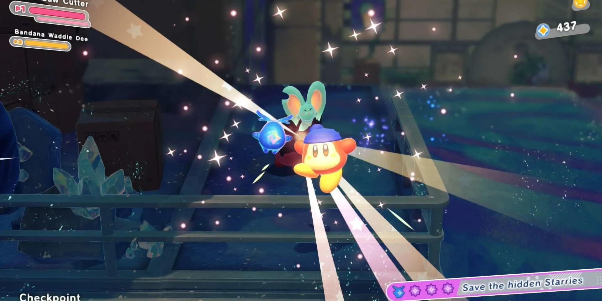Bandana Dee giải cứu một Starry trong Kirby: Star-Crossed World, kèm theo giai điệu độc đáo