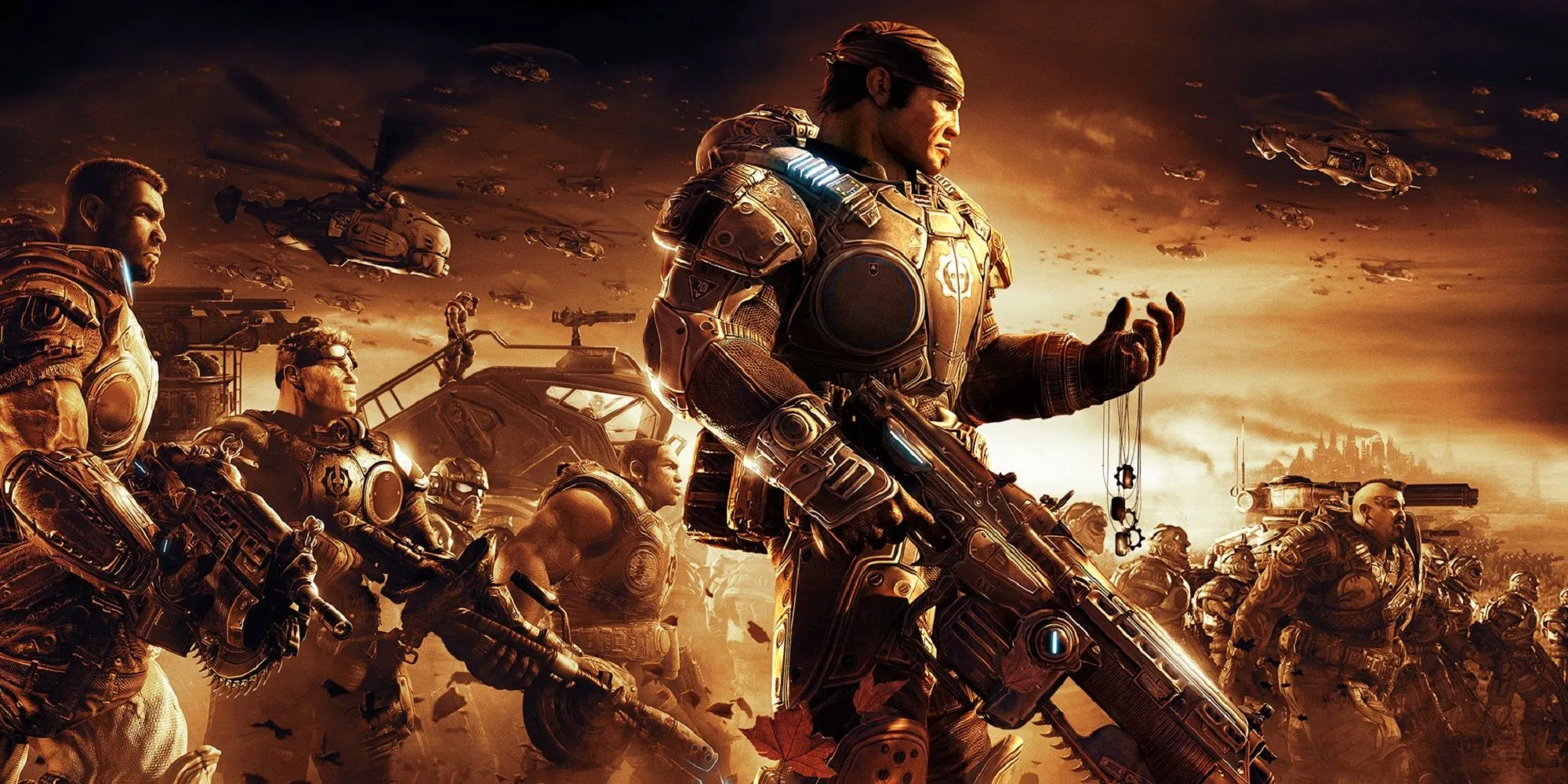 Biểu tượng chiến tranh của Marcus Fenix cùng các thành viên Delta Squad trong Gears of War 2, khám phá hố sâu Locust Hollow.