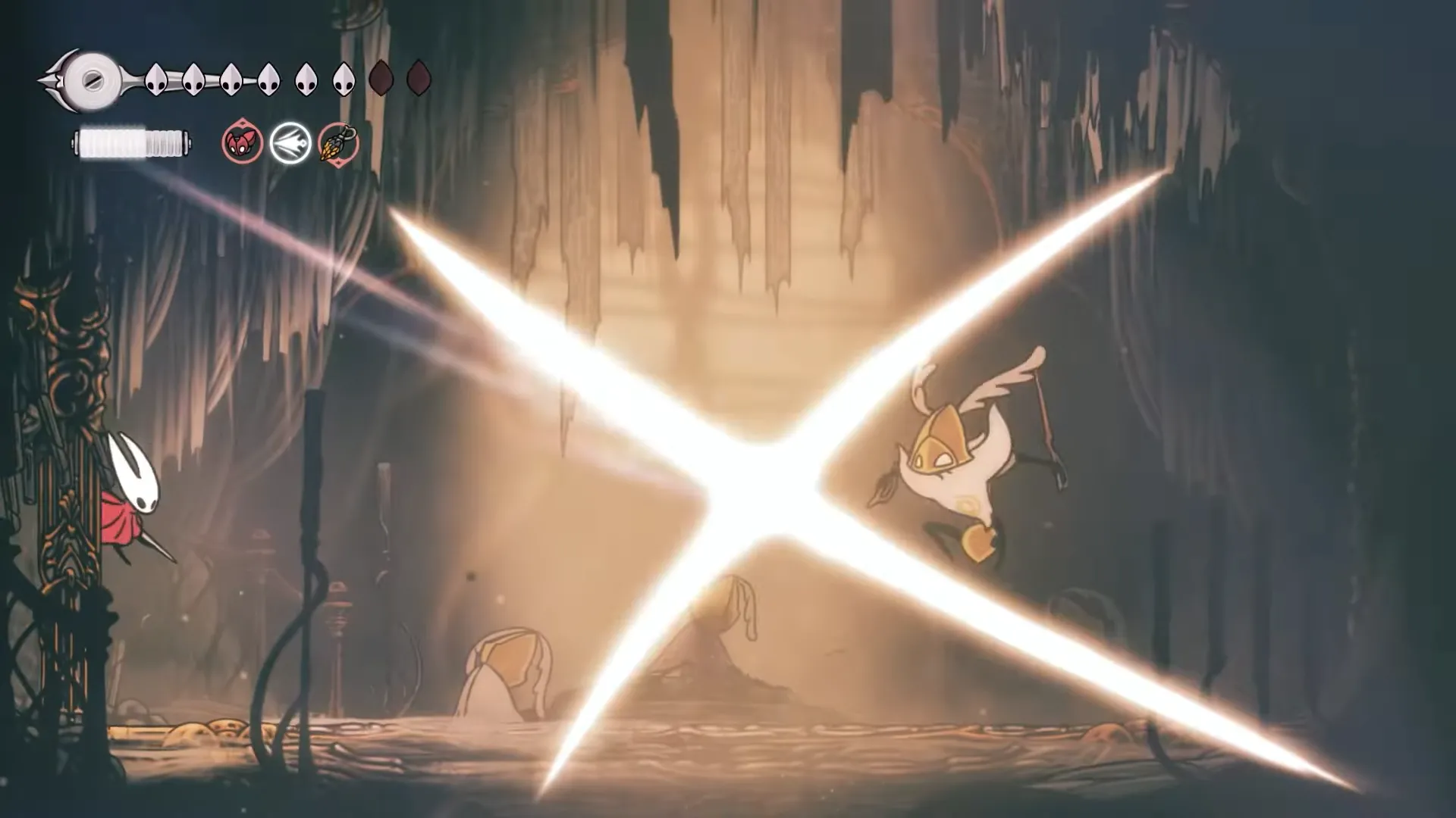 Boss Second Sentinel với khả năng tấn công đa hướng trong Hollow Knight Silksong