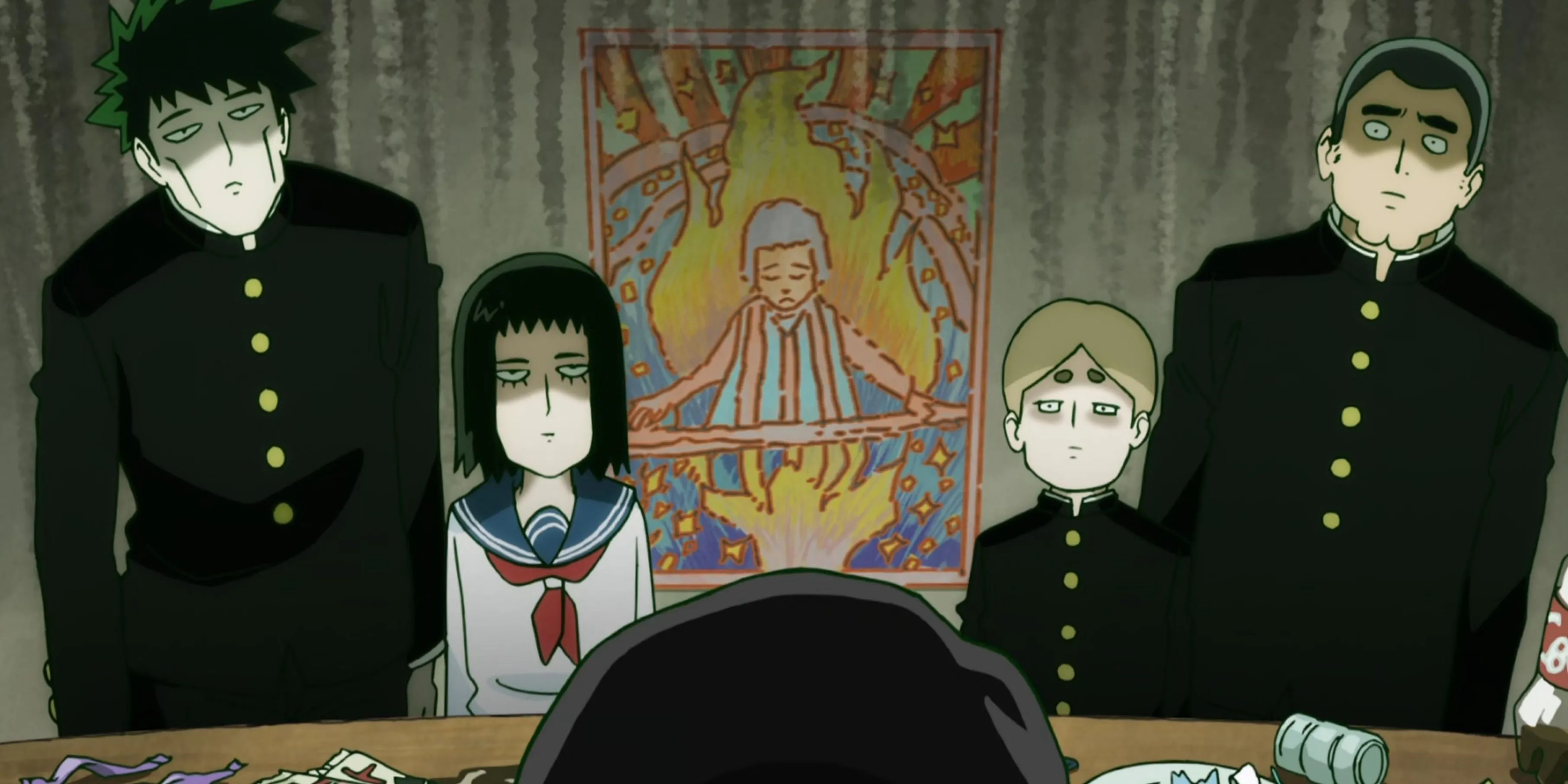 Các thành viên Câu lạc bộ Thần Giao Cách Cảm nhìn lên bầu trời trong tập Possibly của Mob Psycho 100