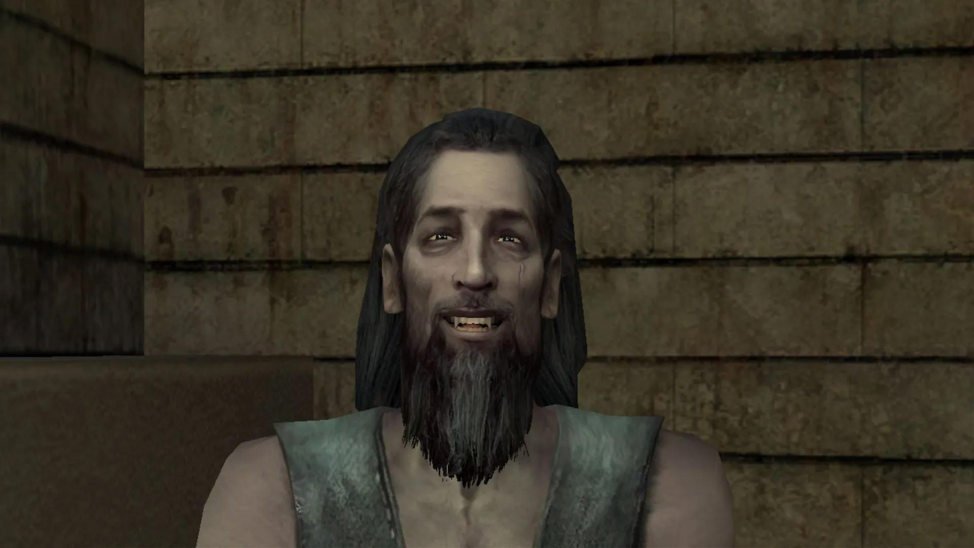Cận cảnh Smiling Jack, ma cà rồng Brujah từ Vampire: The Masquerade - Bloodlines, với nụ cười bí hiểm và ánh mắt sắc lạnh, biểu tượng cho sức mạnh và sự ngỗ ngược.